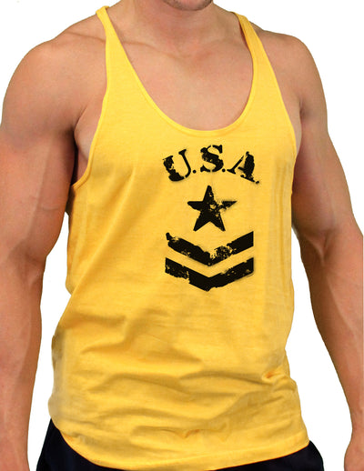 USA Military Star Stencil Logo Mens String Tank Top-LOBBO-Gold-Small-Davson Sales