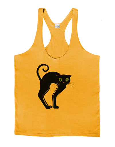 Cute Arched Black Cat Halloween Mens String Tank Top-Men's String Tank Tops-LOBBO-Gold-Small-Davson Sales