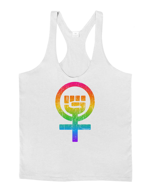 Rainbow Distressed Feminism Symbol Mens String Tank Top-Men's String Tank Tops-LOBBO-White-Small-Davson Sales