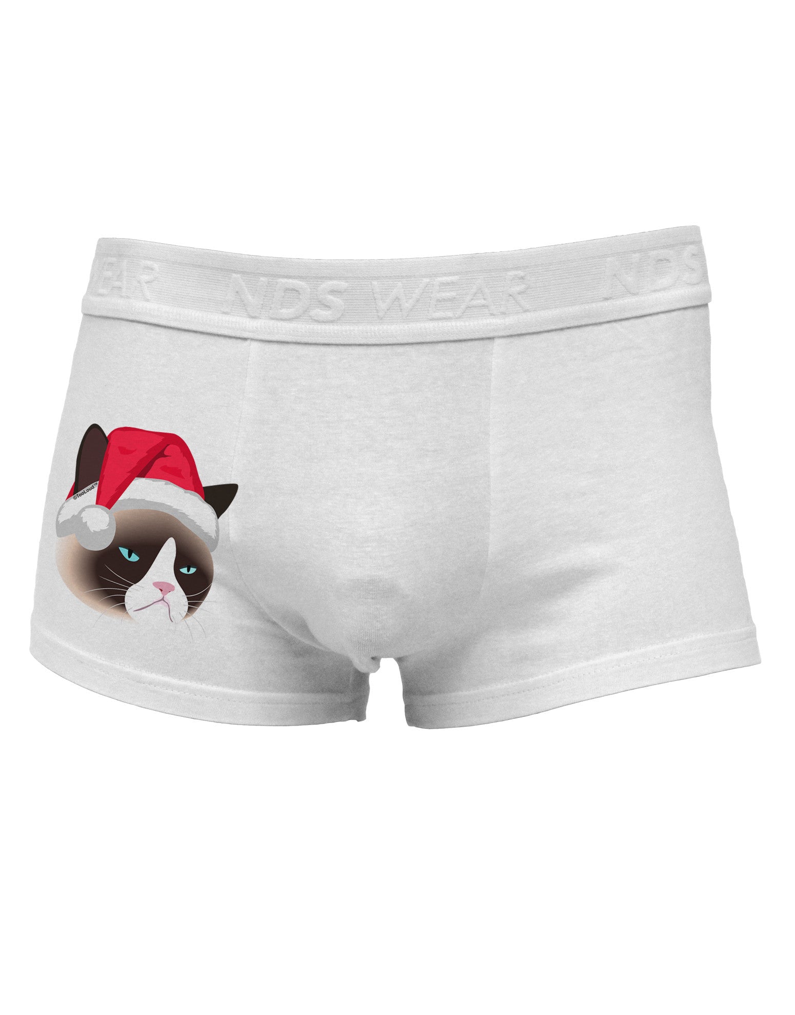 Santa Hat Disgruntled Siamese Cat Side Printed Mens Trunk Underwear by NDS Wear-Mens Trunk Underwear-NDS Wear-White-Small-Davson Sales