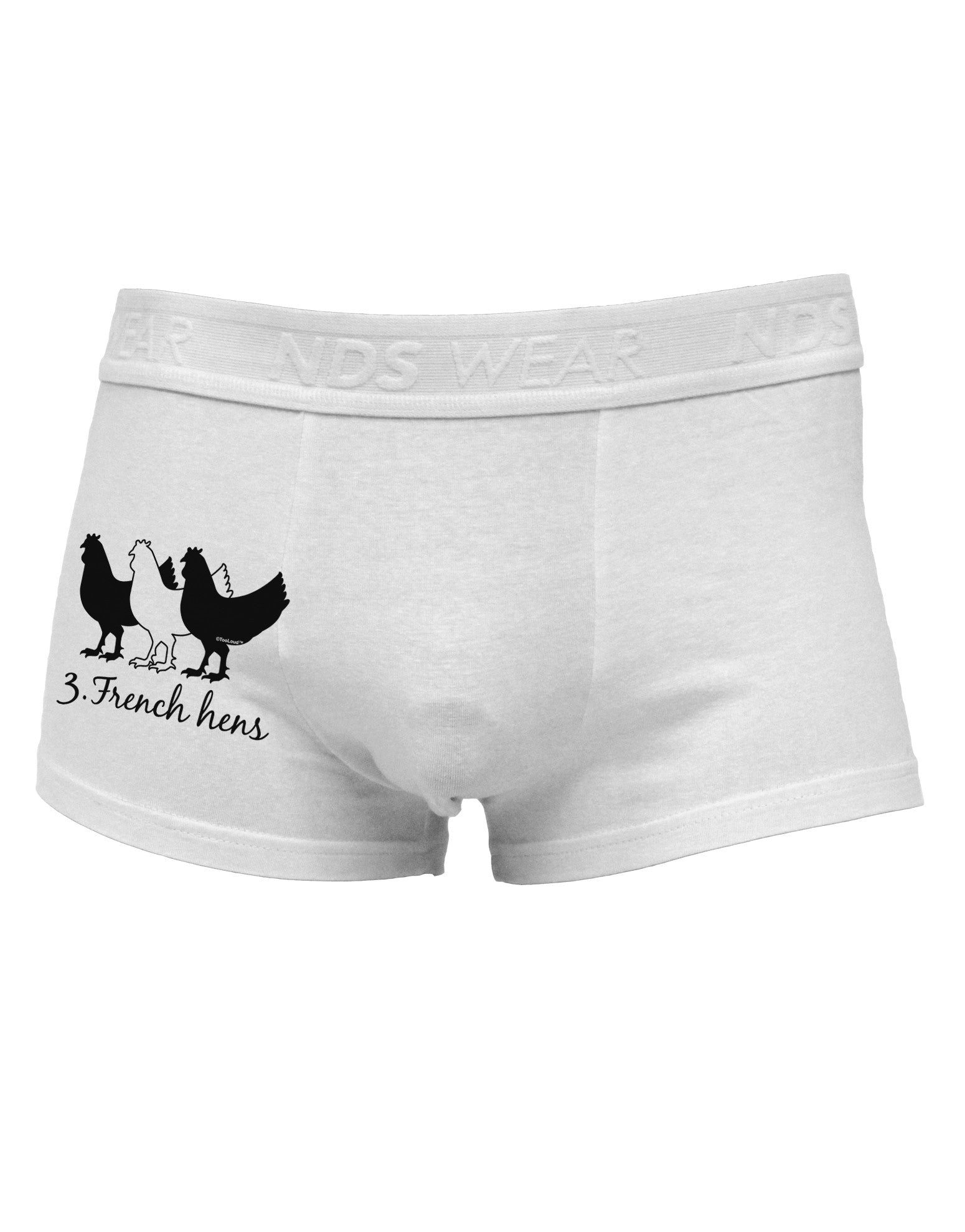 Three French Hens Text Side Printed Mens Trunk Underwear-Mens Trunk Underwear-NDS Wear-White-Small-Davson Sales