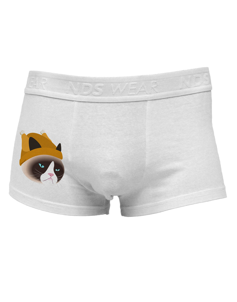 Disgruntled Cat Wearing Turkey Hat Side Printed Mens Trunk Underwear by NDS Wear-Mens Trunk Underwear-NDS Wear-White-Small-Davson Sales