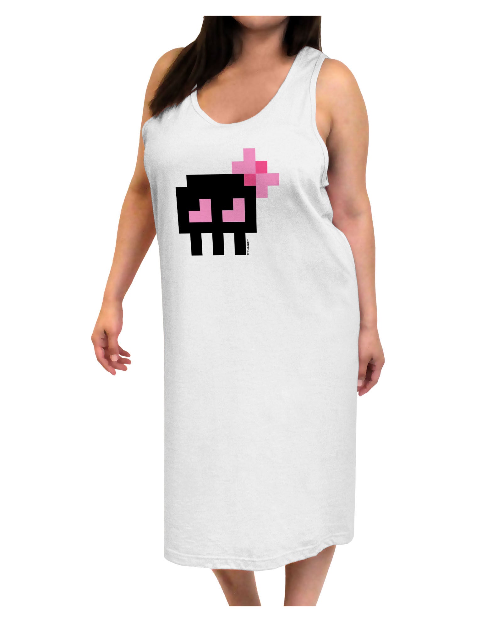Retro 8-Bit Skull with Pink Bow Adult Tank Top Dress Night Shirt-Night Shirt-TooLoud-White-One-Size-Adult-Davson Sales