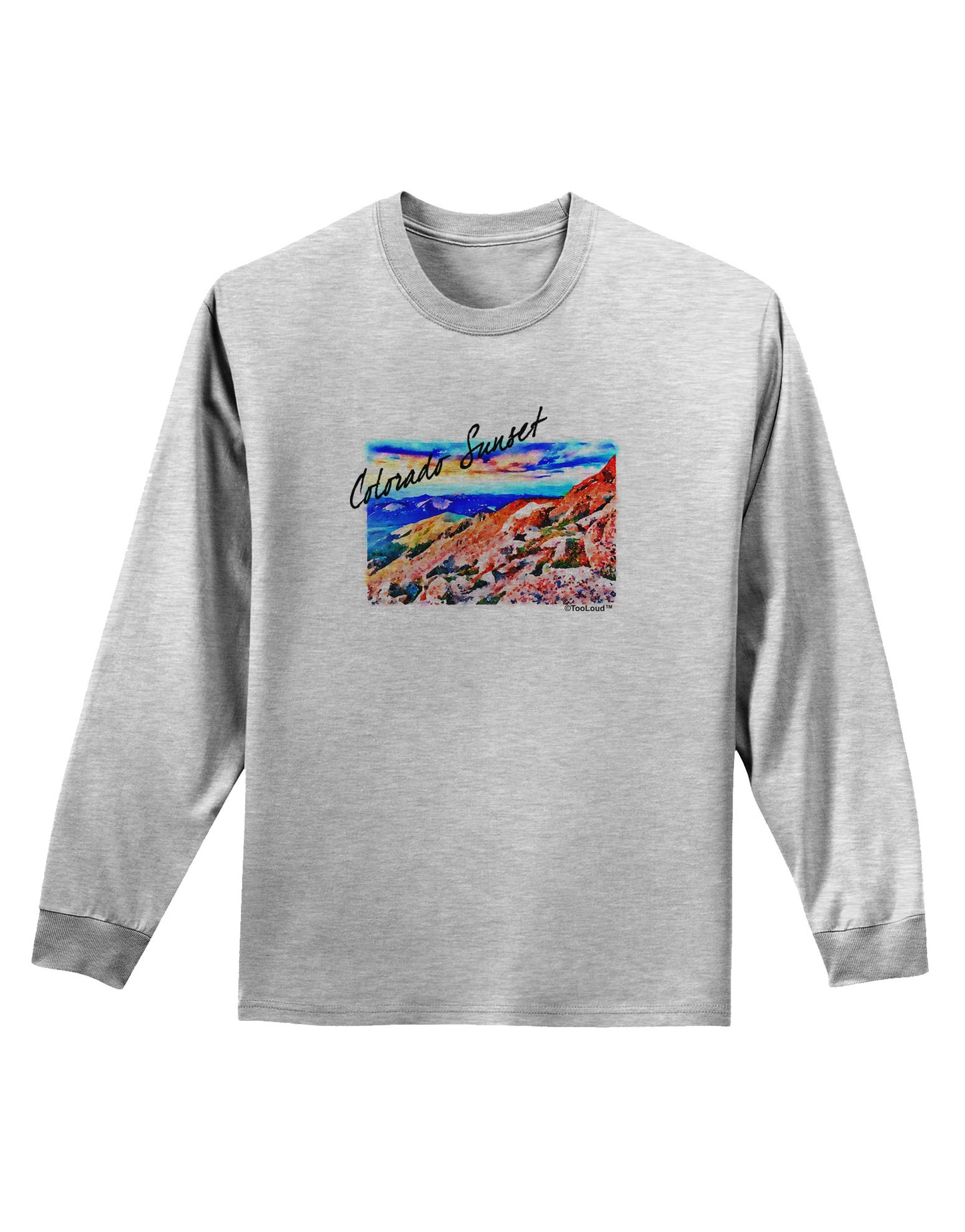 Colorado Mtn Sunset Bold WaterColor Adult Long Sleeve Shirt-Long Sleeve Shirt-TooLoud-AshGray-Small-Davson Sales