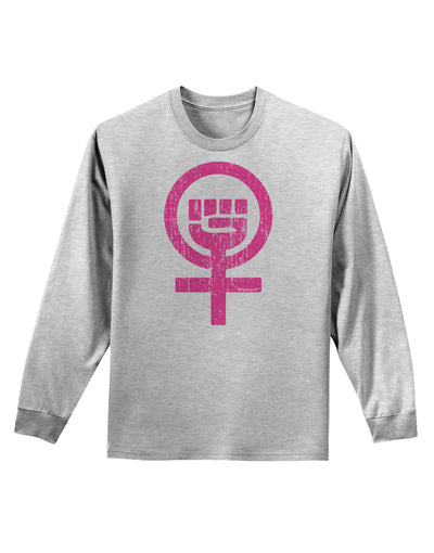 Pink Distressed Feminism Symbol Adult Long Sleeve Shirt-Long Sleeve Shirt-TooLoud-AshGray-Small-Davson Sales