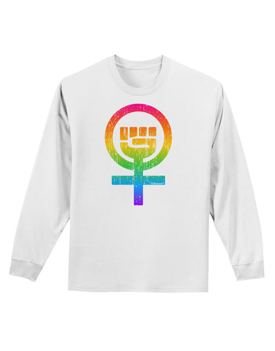 Rainbow Distressed Feminism Symbol Adult Long Sleeve Shirt-Long Sleeve Shirt-TooLoud-White-Small-Davson Sales