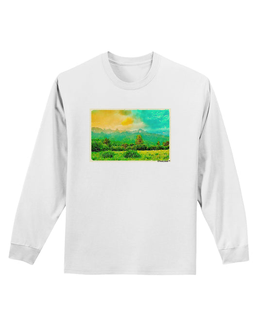 Mountain Sunset Watercolor Adult Long Sleeve Shirt-Long Sleeve Shirt-TooLoud-White-Small-Davson Sales