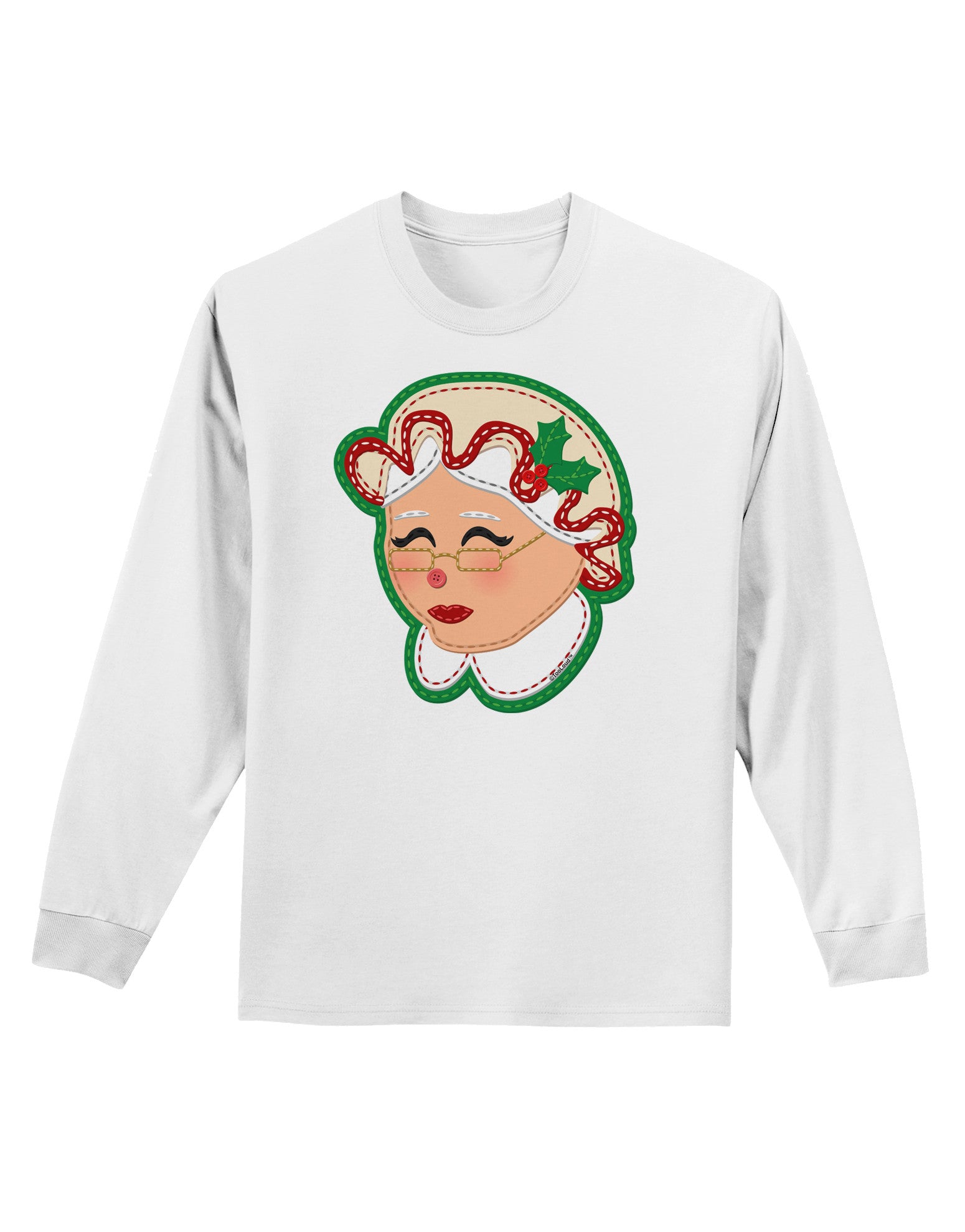 Cute Mrs Claus Face Faux Applique Adult Long Sleeve Shirt-Long Sleeve Shirt-TooLoud-White-Small-Davson Sales