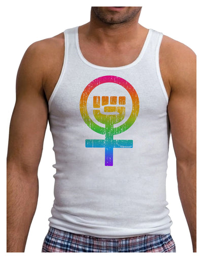 Rainbow Distressed Feminism Symbol Mens Ribbed Tank Top-Mens Ribbed Tank Top-TooLoud-White-Small-Davson Sales