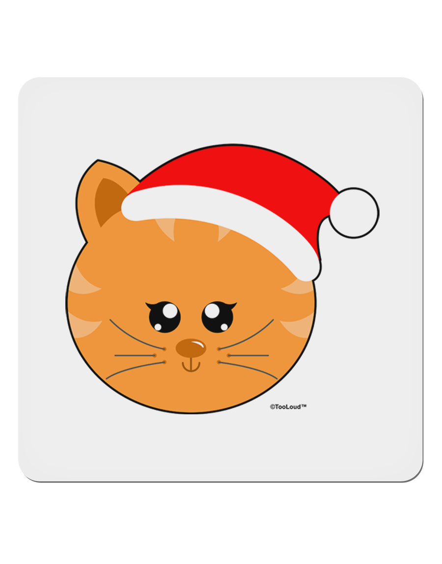 Cute Christmas Cat Santa Hat 4x4&#x22; Square Sticker 4 Pieces-Stickers-TooLoud-White-Davson Sales