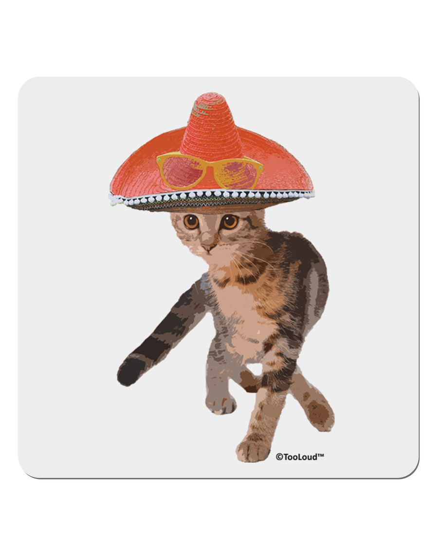 Cat with Sombrero and Sunglasses 4x4&#x22; Square Sticker 4 Pieces-Stickers-TooLoud-White-Davson Sales