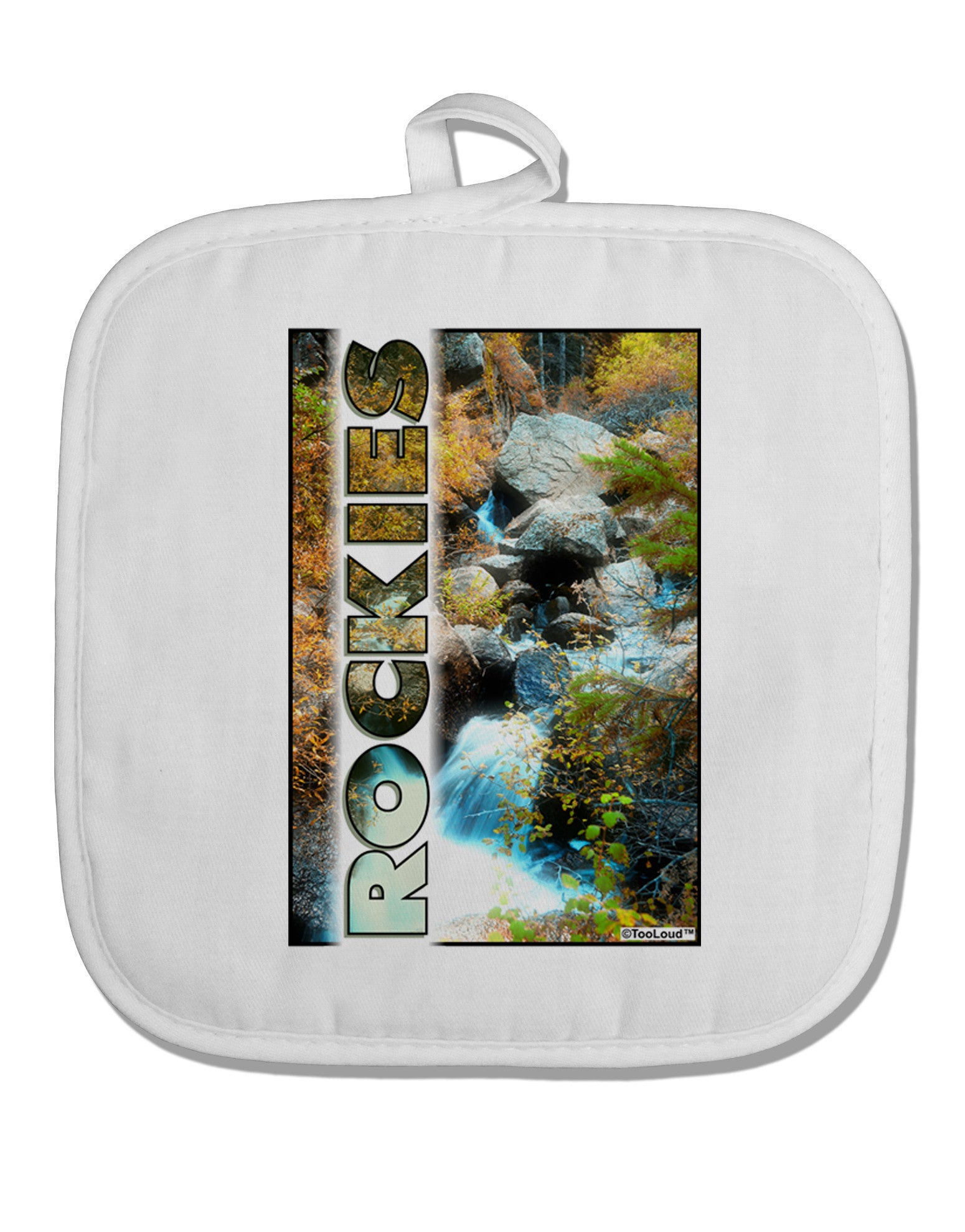 Rockies Waterfall with Text White Fabric Pot Holder Hot Pad-Pot Holder-TooLoud-White-Davson Sales
