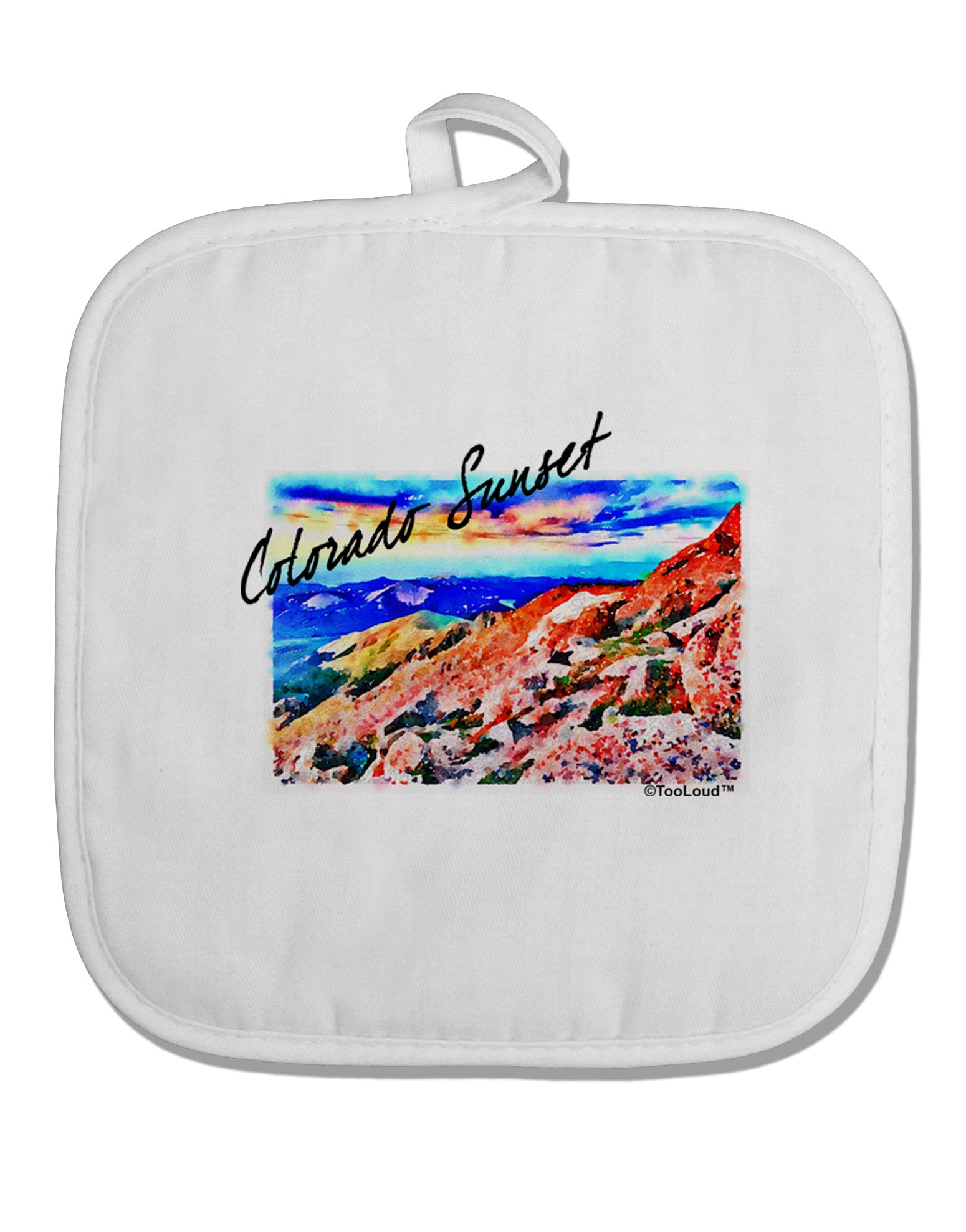 Colorado Mtn Sunset Bold WaterColor White Fabric Pot Holder Hot Pad-Pot Holder-TooLoud-White-Davson Sales