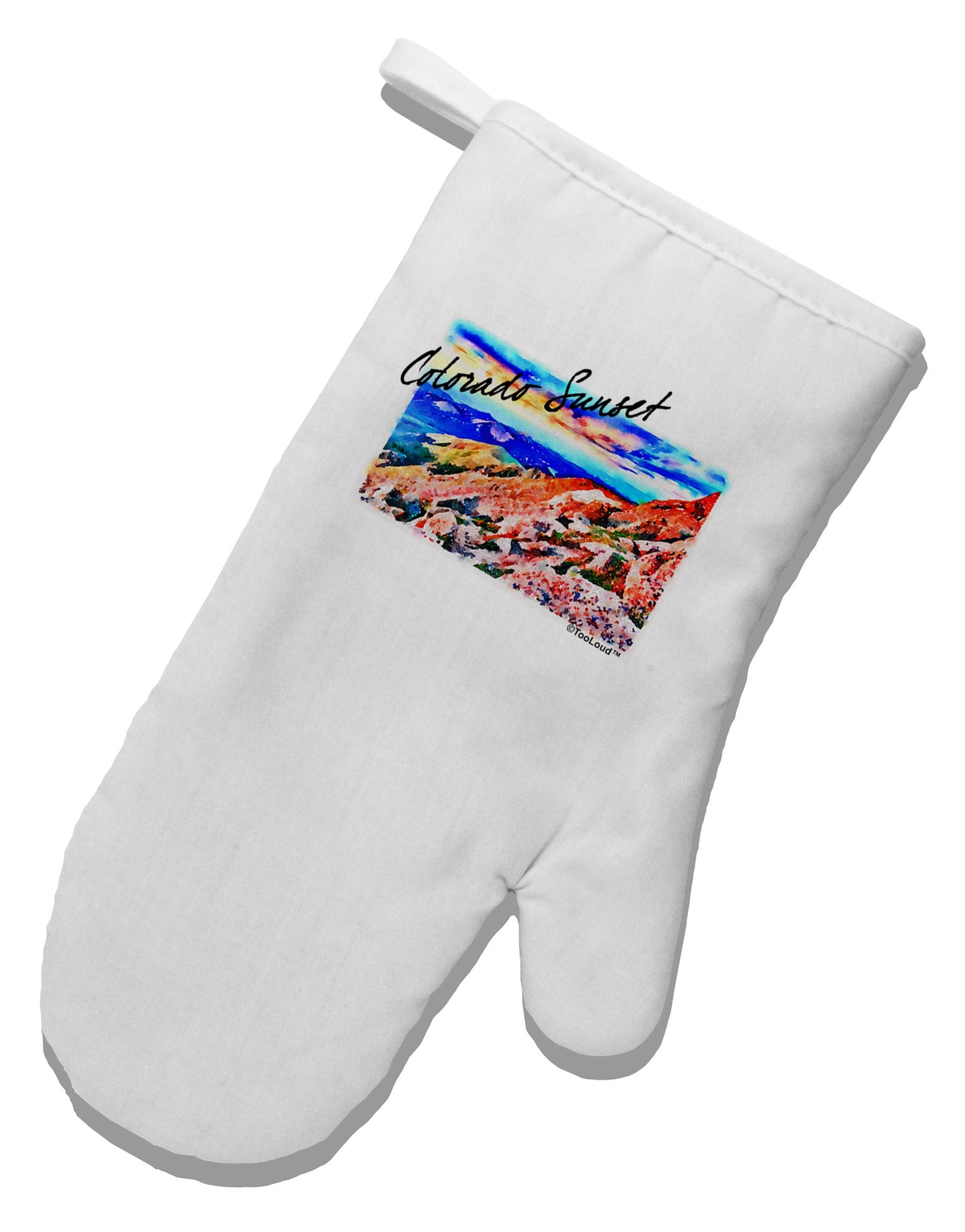 Colorado Mtn Sunset Bold WaterColor White Printed Fabric Oven Mitt-Oven Mitt-TooLoud-White-Davson Sales