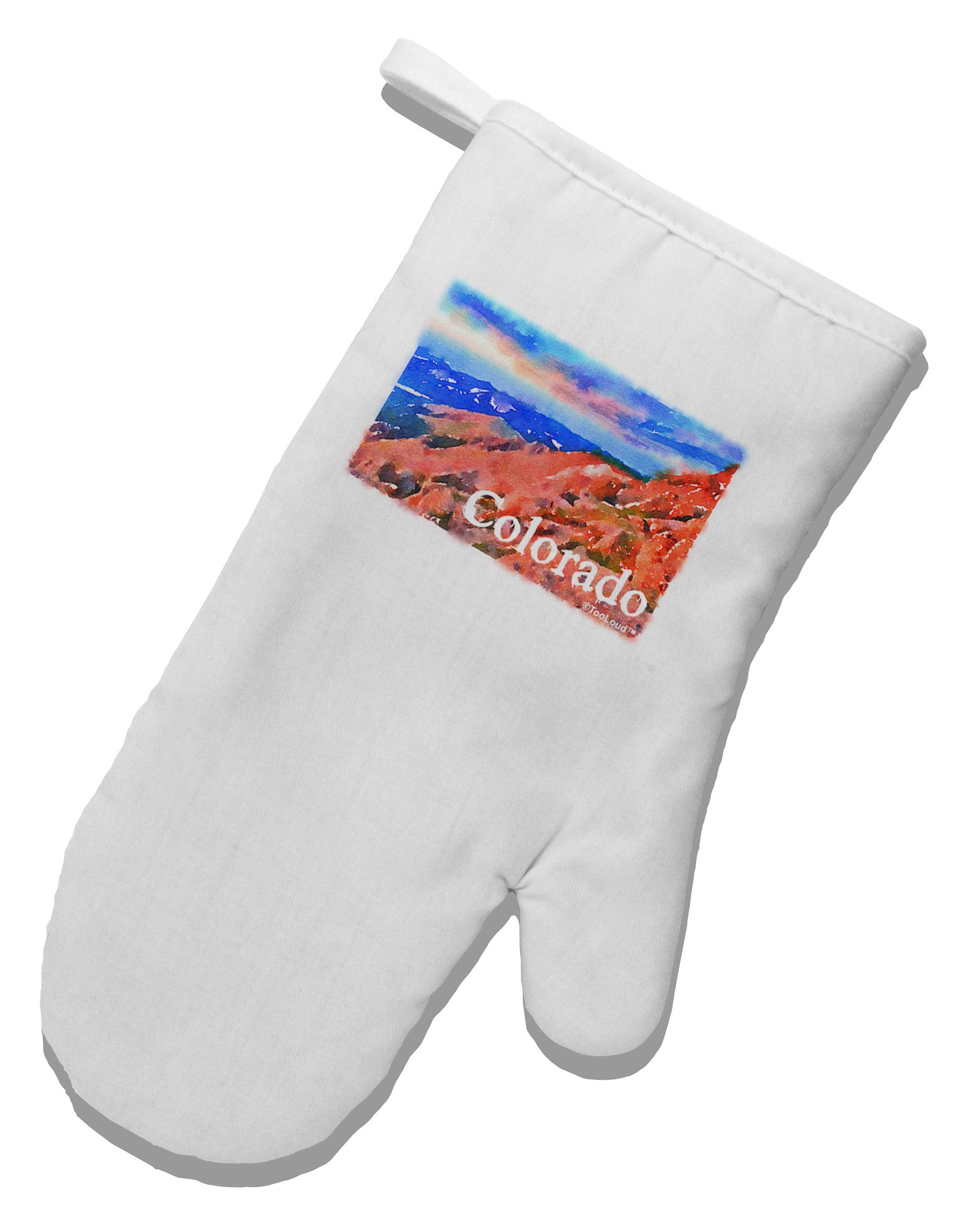 Colorado Mtn Sunset Soaked WaterColor White Printed Fabric Oven Mitt-Oven Mitt-TooLoud-White-Davson Sales