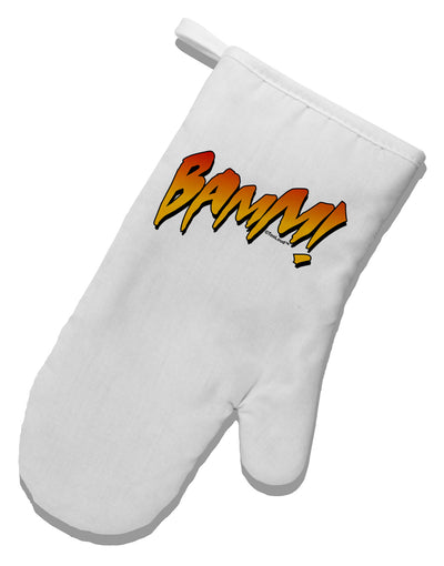 Onomatopoeia BAMM White Printed Fabric Oven Mitt-Oven Mitt-TooLoud-White-Davson Sales