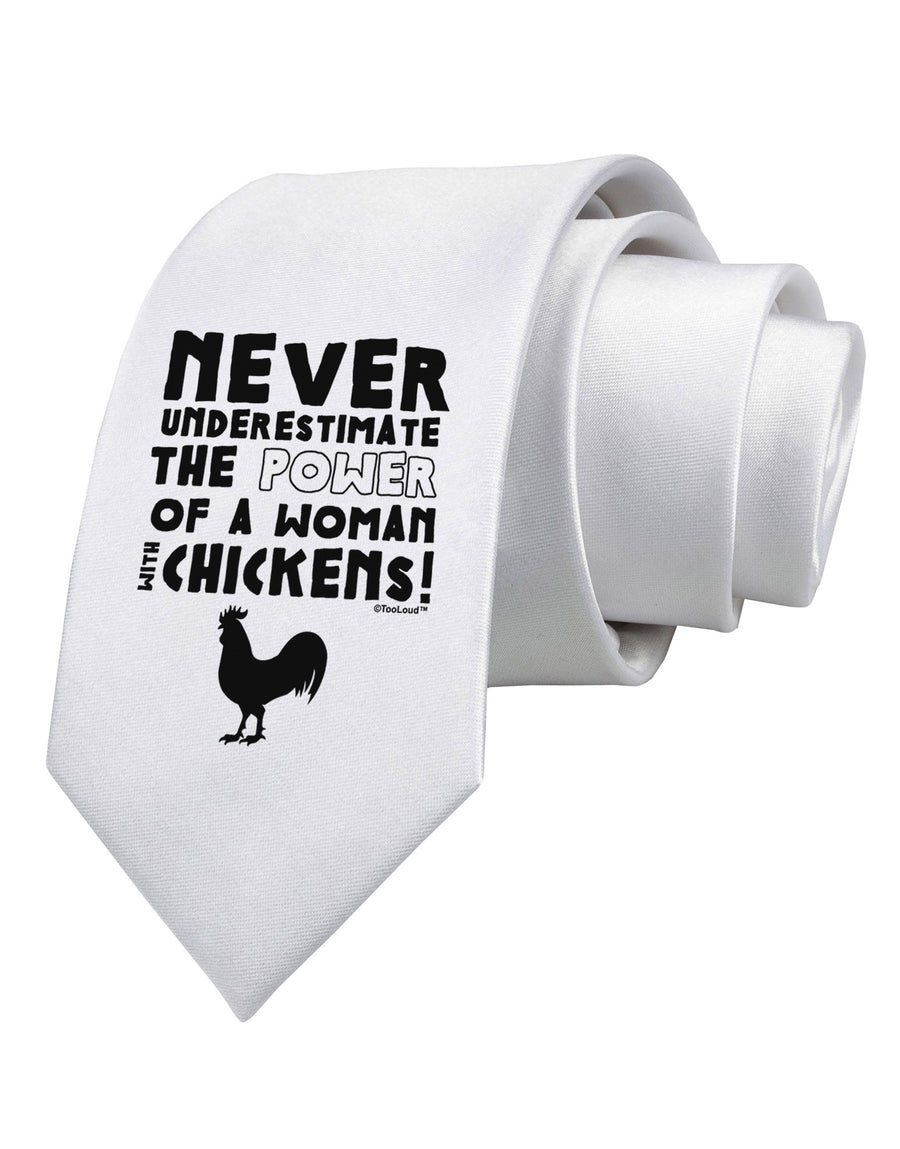 A Woman With Chickens Printed White Necktie
