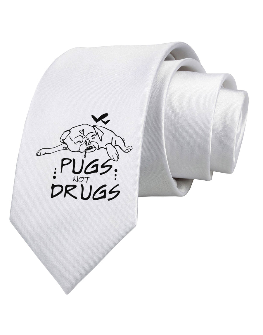 TooLoud Pugs Not Drugs Printed White Neck Tie-Necktie-TooLoud-White-One-Size-Fits-Most-Davson Sales