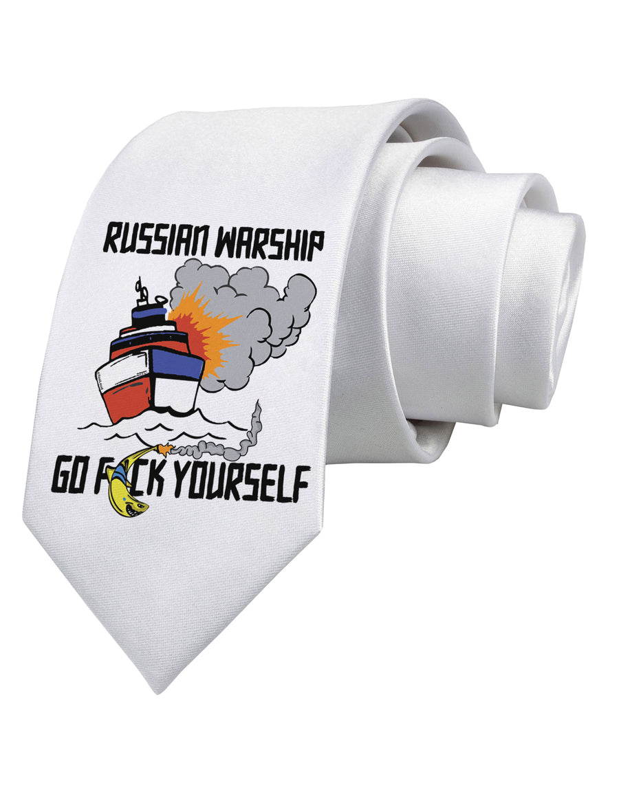 Russian Warship go F Yourself Printed White Neck Tie Tooloud