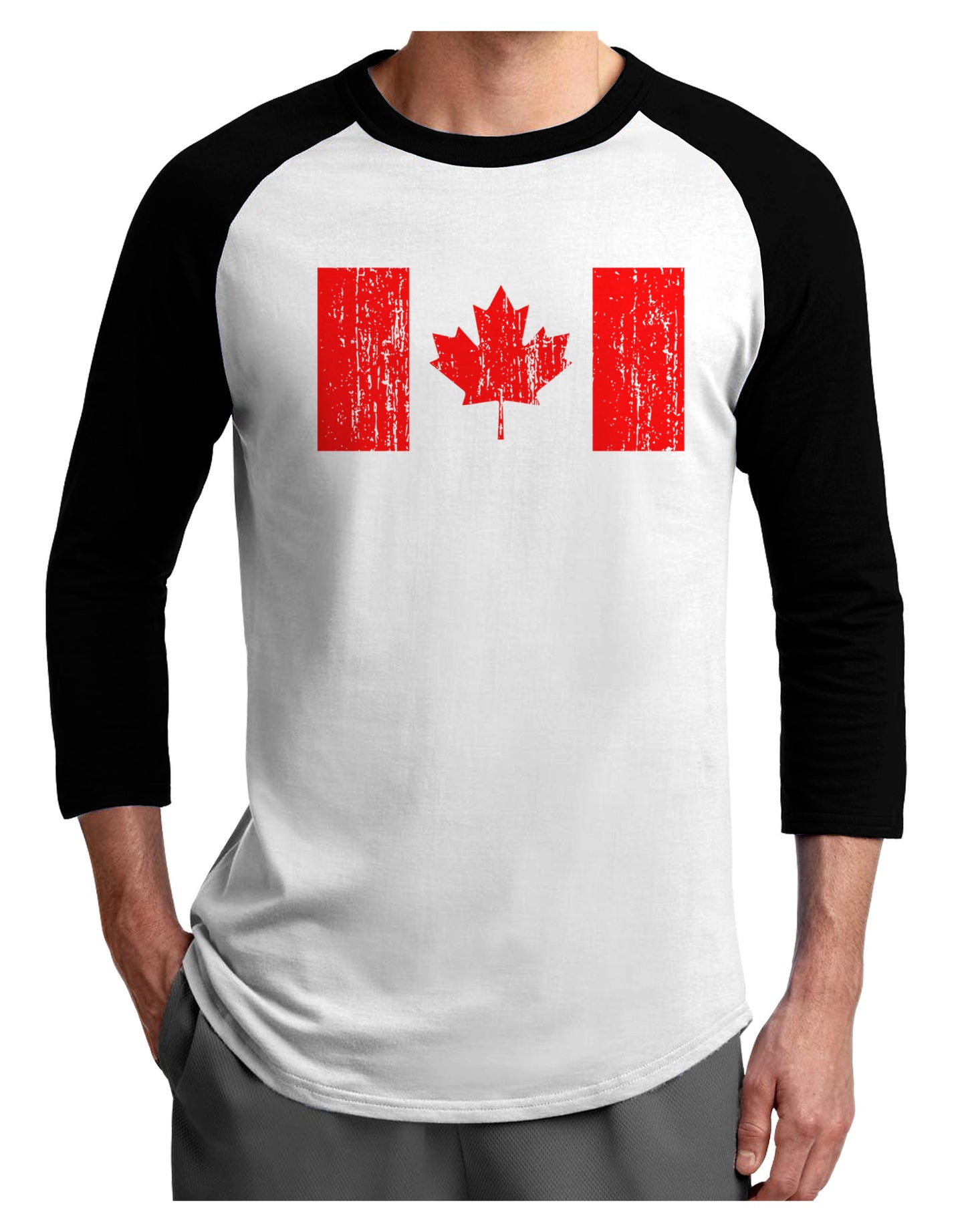 Distressed Canadian Flag Maple Leaf Adult Raglan Shirt-TooLoud-White-Black-X-Small-Davson Sales