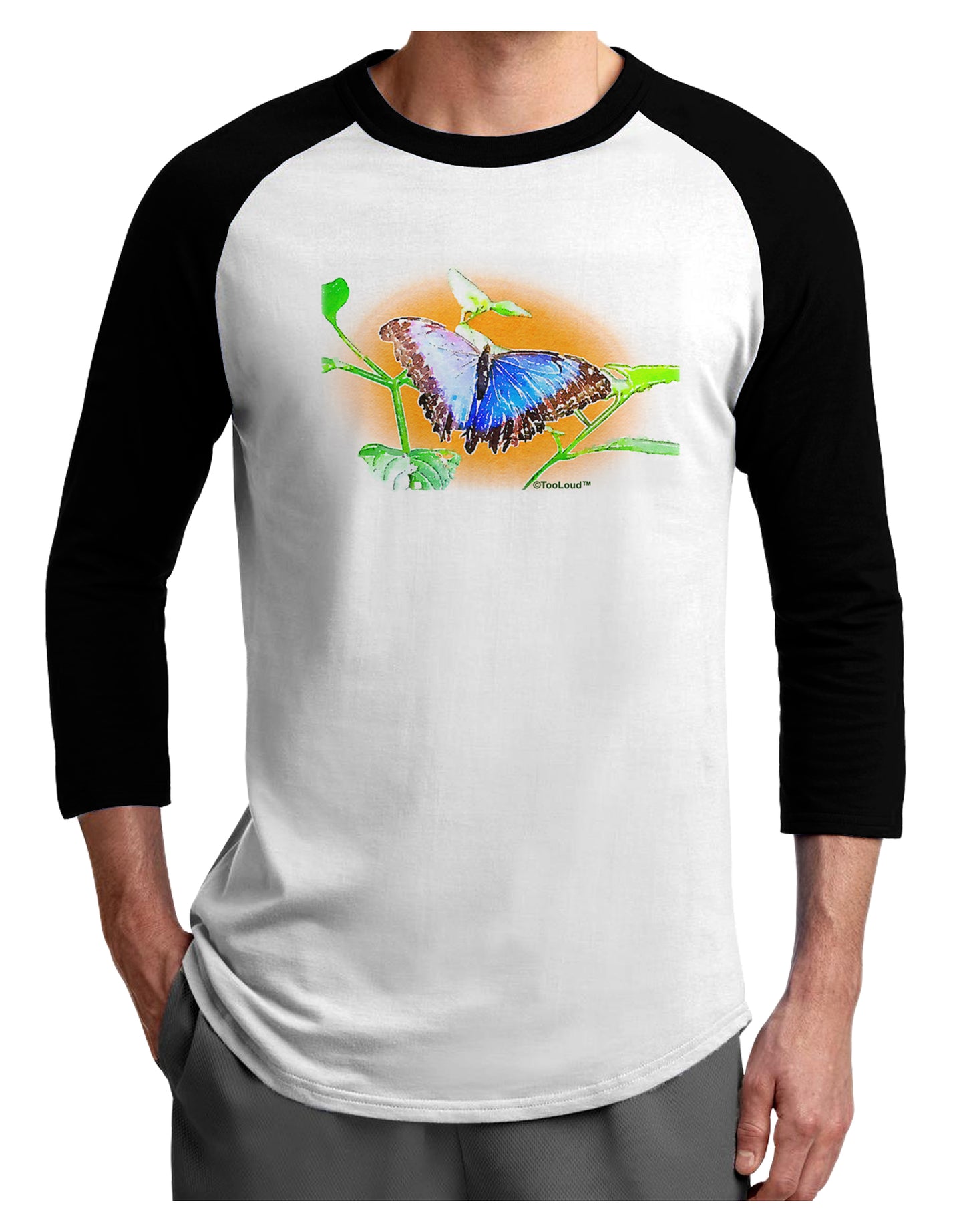 Blue Watercolor Butterfly Adult Raglan Shirt-TooLoud-White-Black-X-Small-Davson Sales