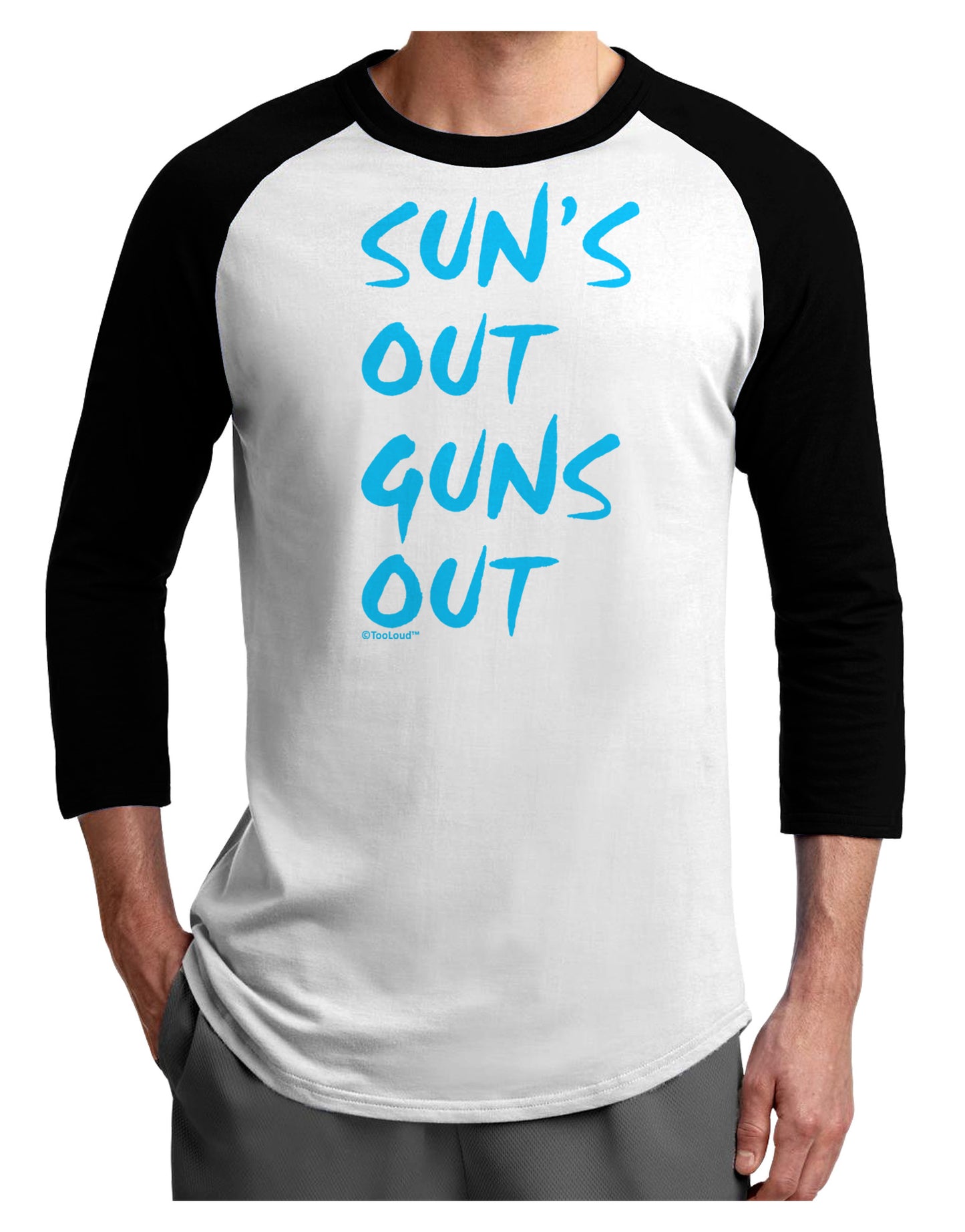 Suns Out Guns Out - Blue Adult Raglan Shirt-TooLoud-White-Black-X-Small-Davson Sales