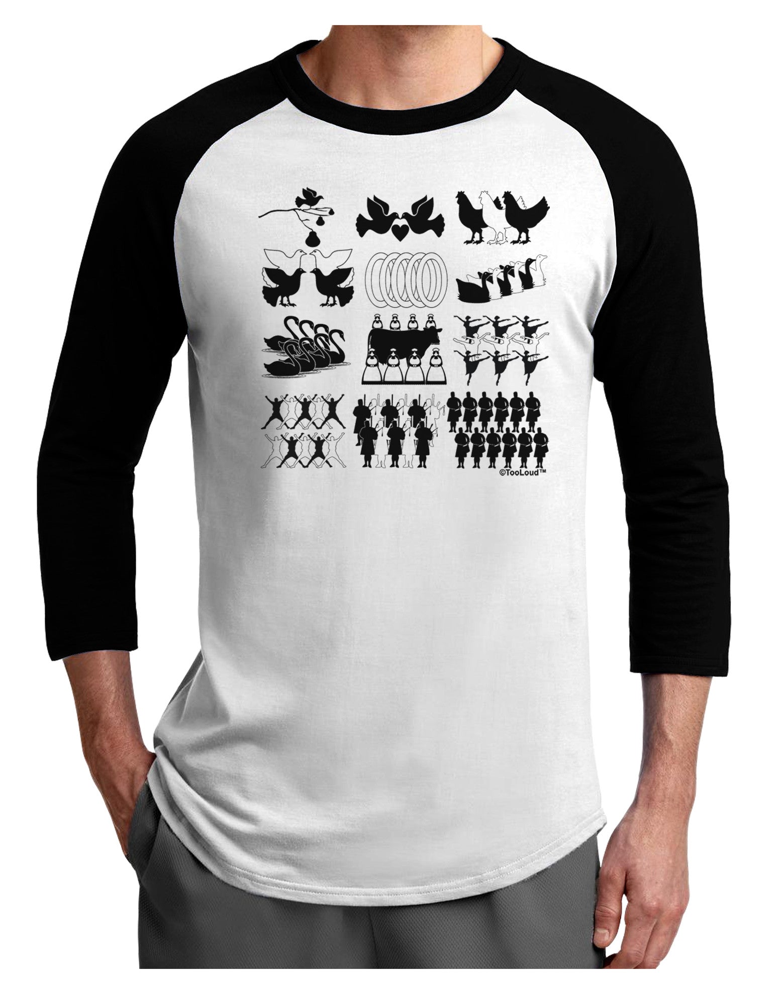 Twelve Days of Christmas Adult Raglan Shirt-TooLoud-White-Black-X-Small-Davson Sales