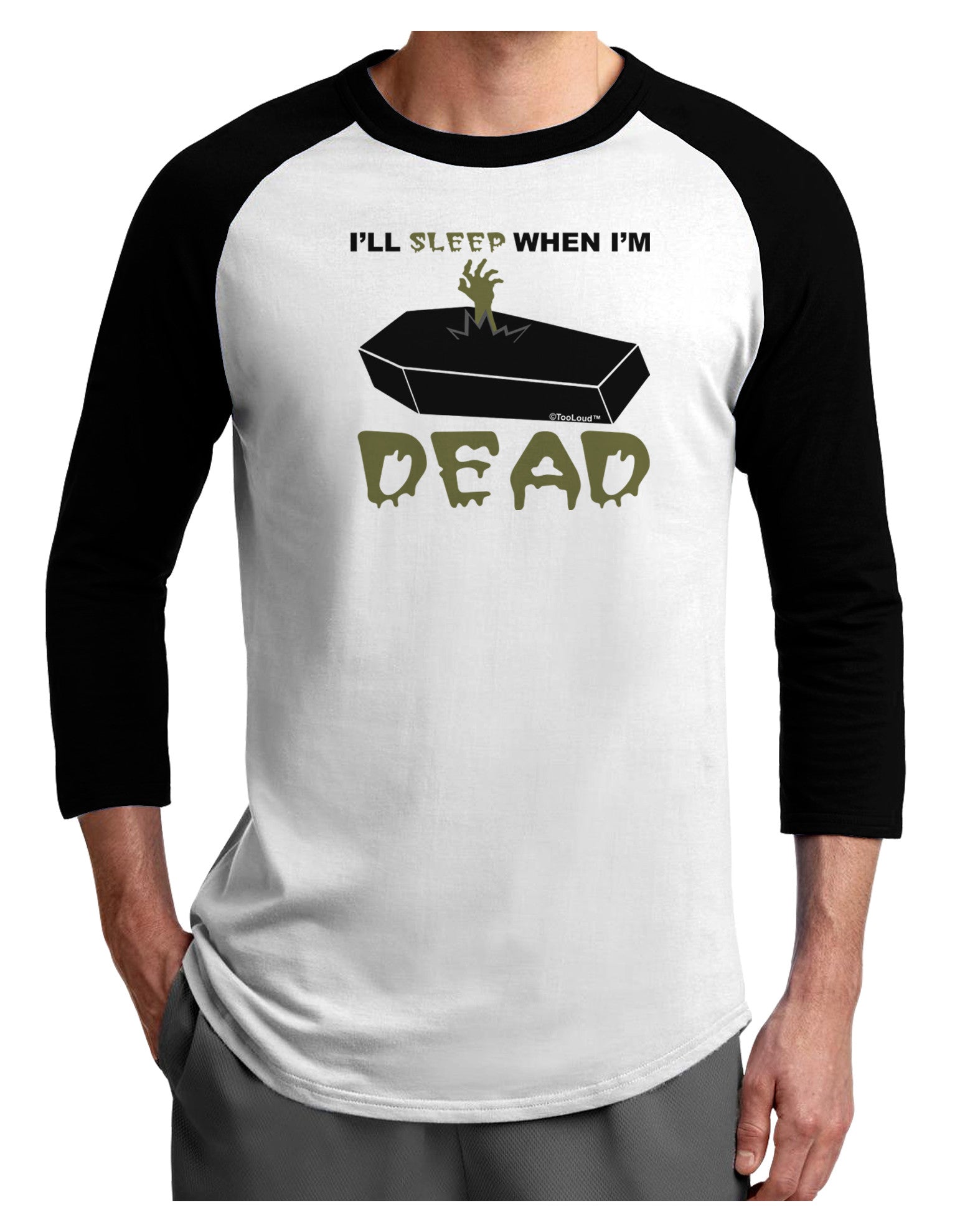 Sleep When Dead Coffin Adult Raglan Shirt-TooLoud-White-Black-X-Small-Davson Sales