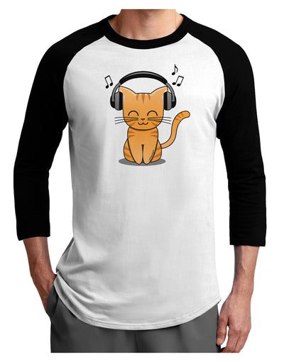 Cute Kitty With Headphones Adult Raglan Shirt-TooLoud-White-Black-X-Small-Davson Sales