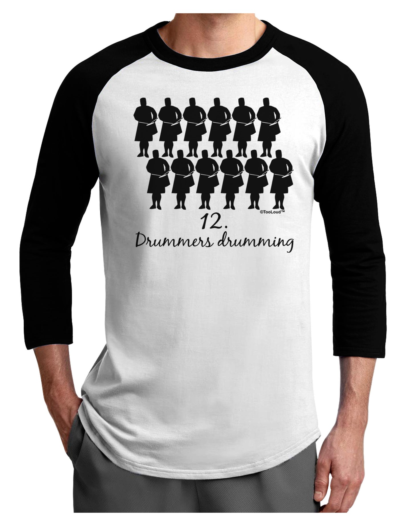 Twelve Drummers Drumming Text Adult Raglan Shirt-TooLoud-White-Black-X-Small-Davson Sales