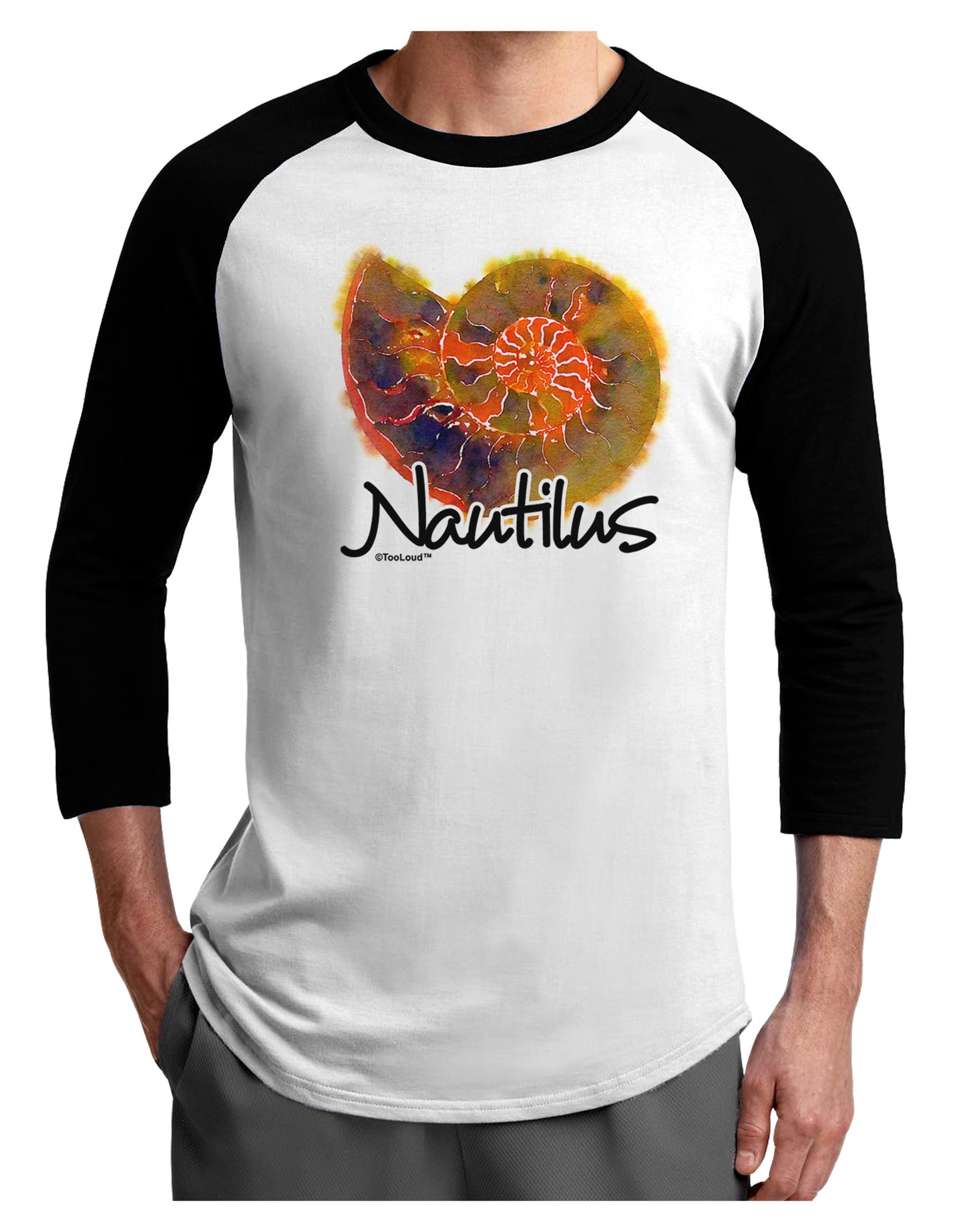 Nautilus Fossil Watercolor Text Adult Raglan Shirt-TooLoud-White-Black-X-Small-Davson Sales
