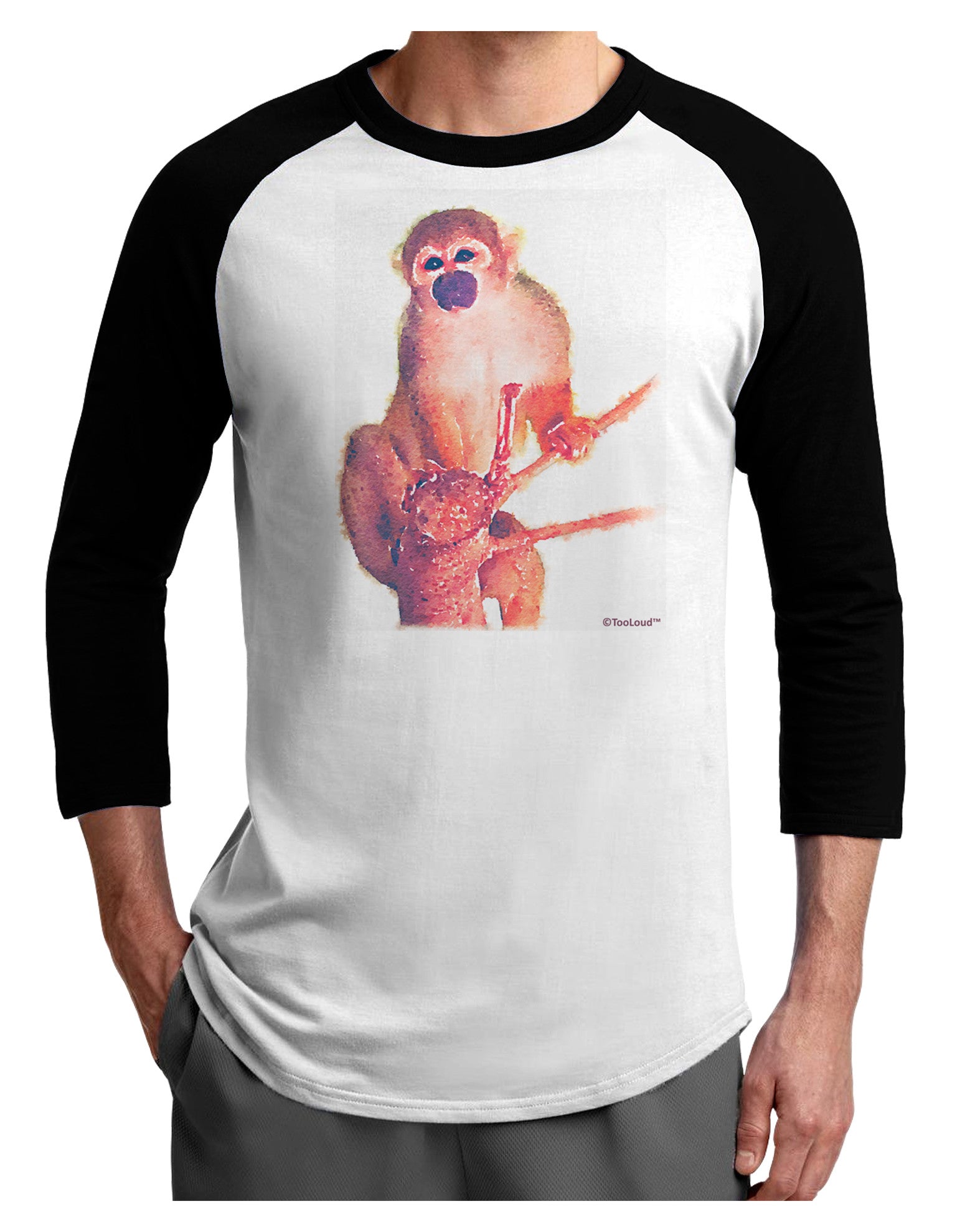 Monkey in Tree Watercolor Adult Raglan Shirt-TooLoud-White-Black-X-Small-Davson Sales