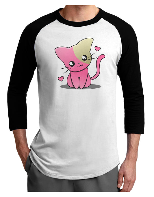 Kawaii Kitty Adult Raglan Shirt-TooLoud-White-Black-X-Small-Davson Sales
