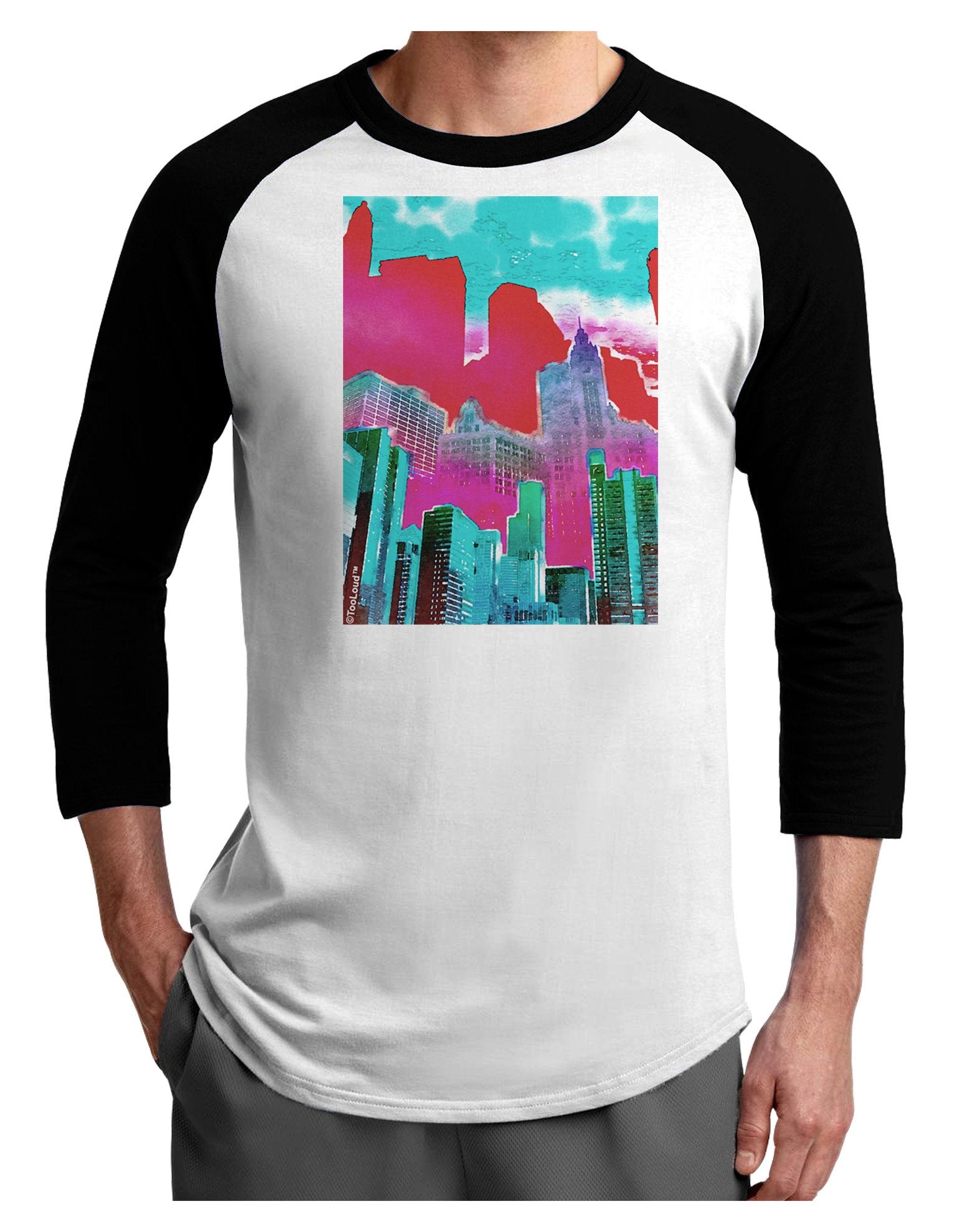 Chicago Abstract 2 Watercolor Adult Raglan Shirt-TooLoud-White-Black-XXX-Large-Davson Sales