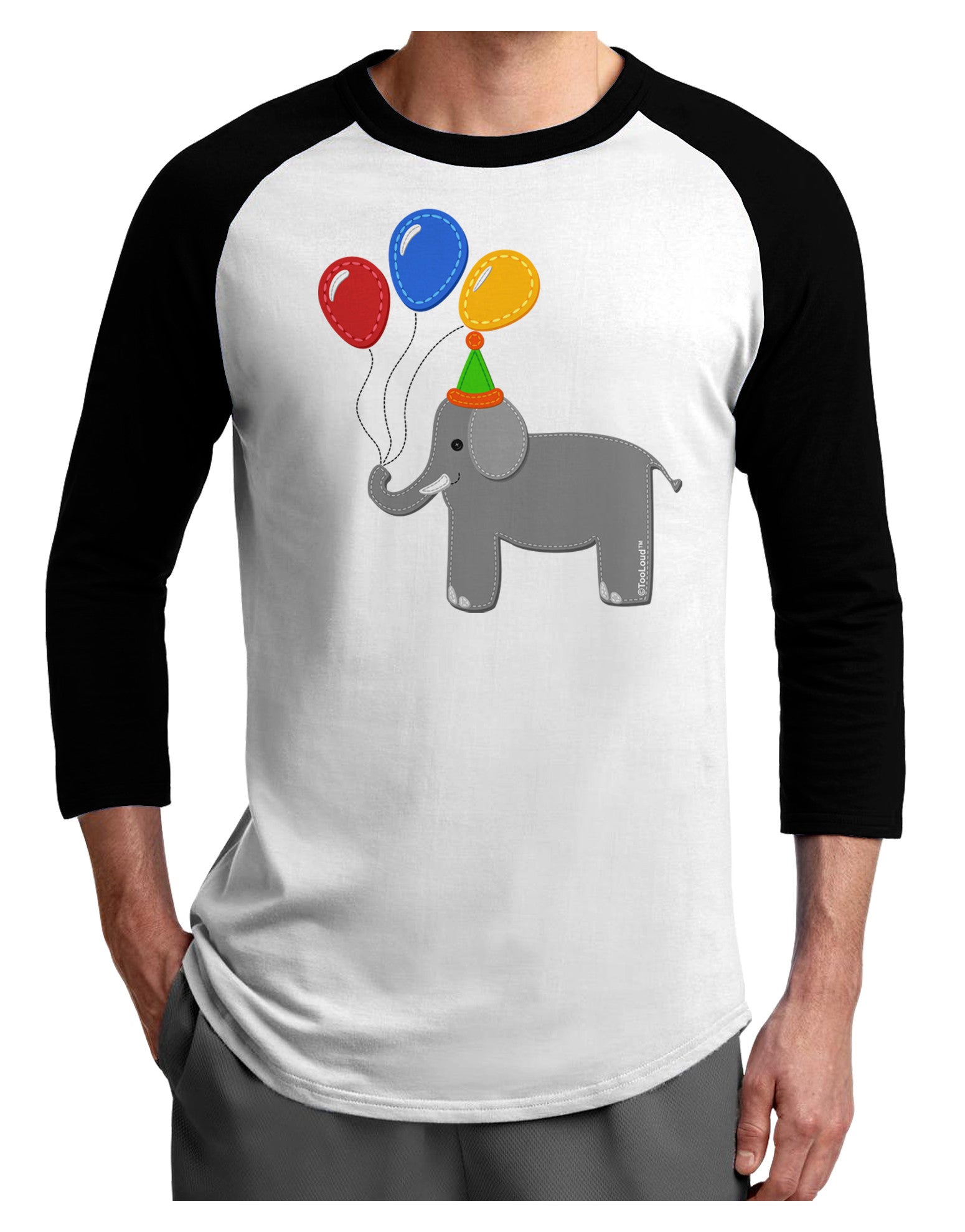 Cute Elephant with Balloons Adult Raglan Shirt-TooLoud-White-Black-X-Small-Davson Sales