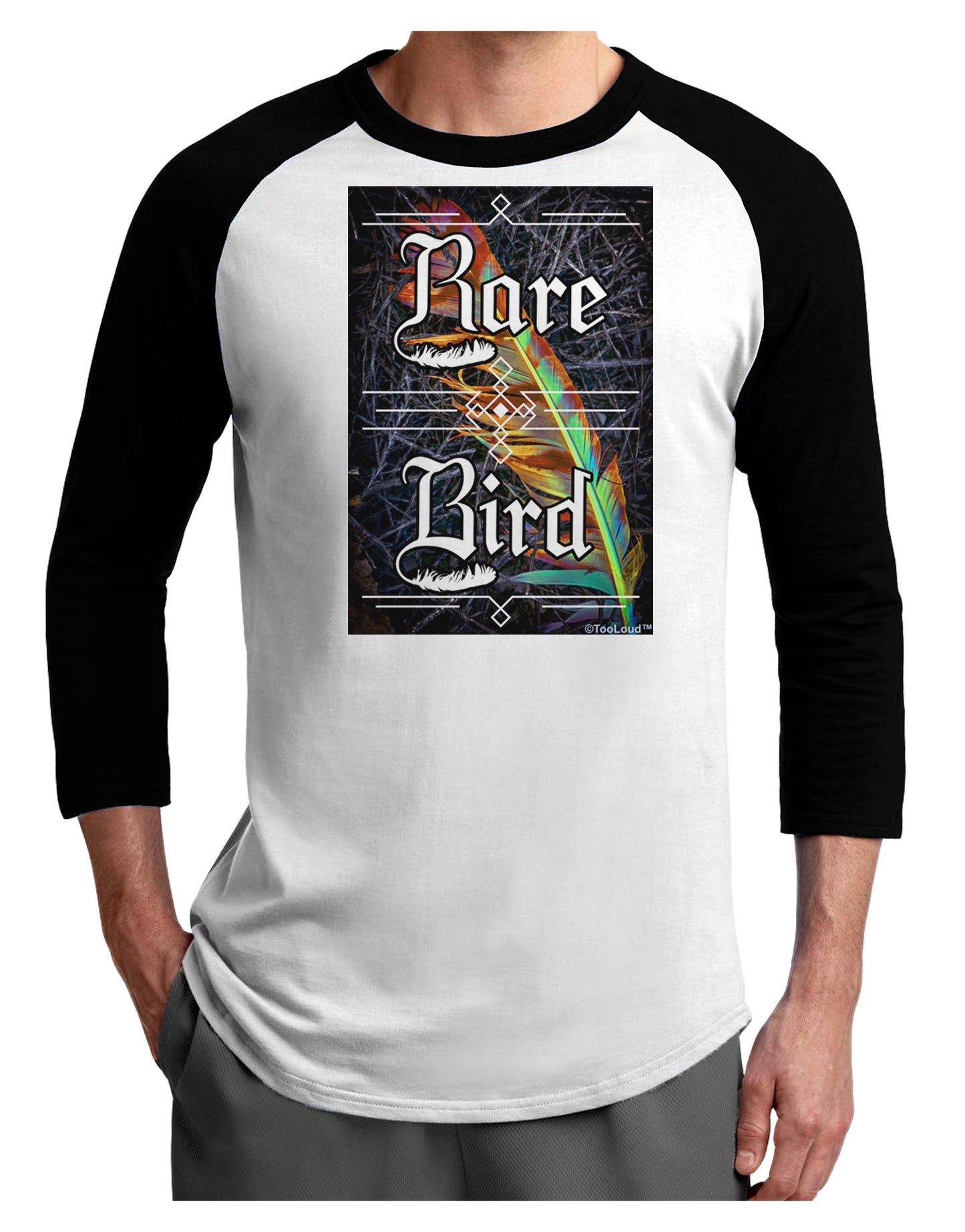Rare Bird - Colorful Feather Adult Raglan Shirt-Raglan Shirt-TooLoud-White-Black-X-Small-Davson Sales