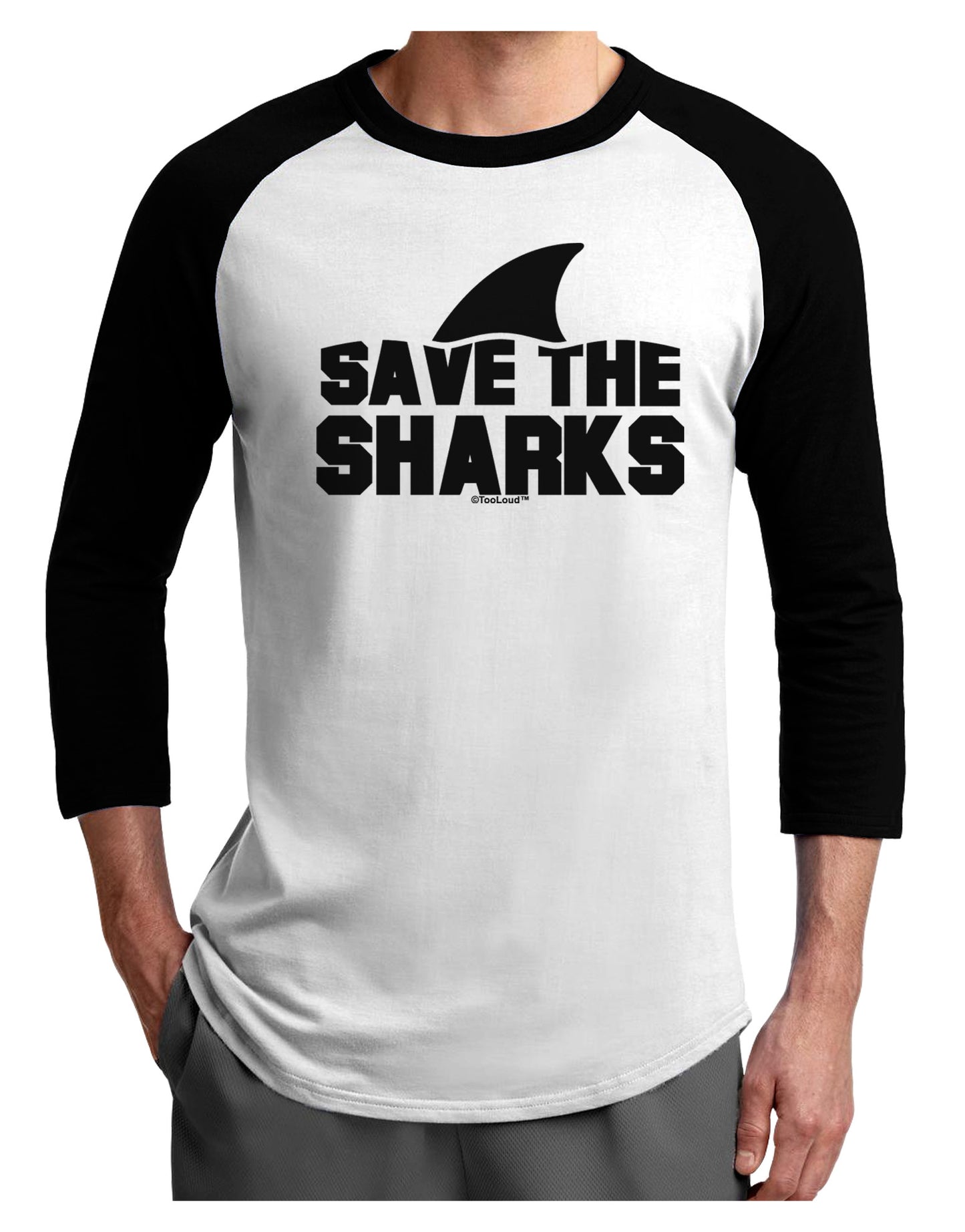 Save The Sharks - Fin Adult Raglan Shirt-TooLoud-White-Black-X-Small-Davson Sales
