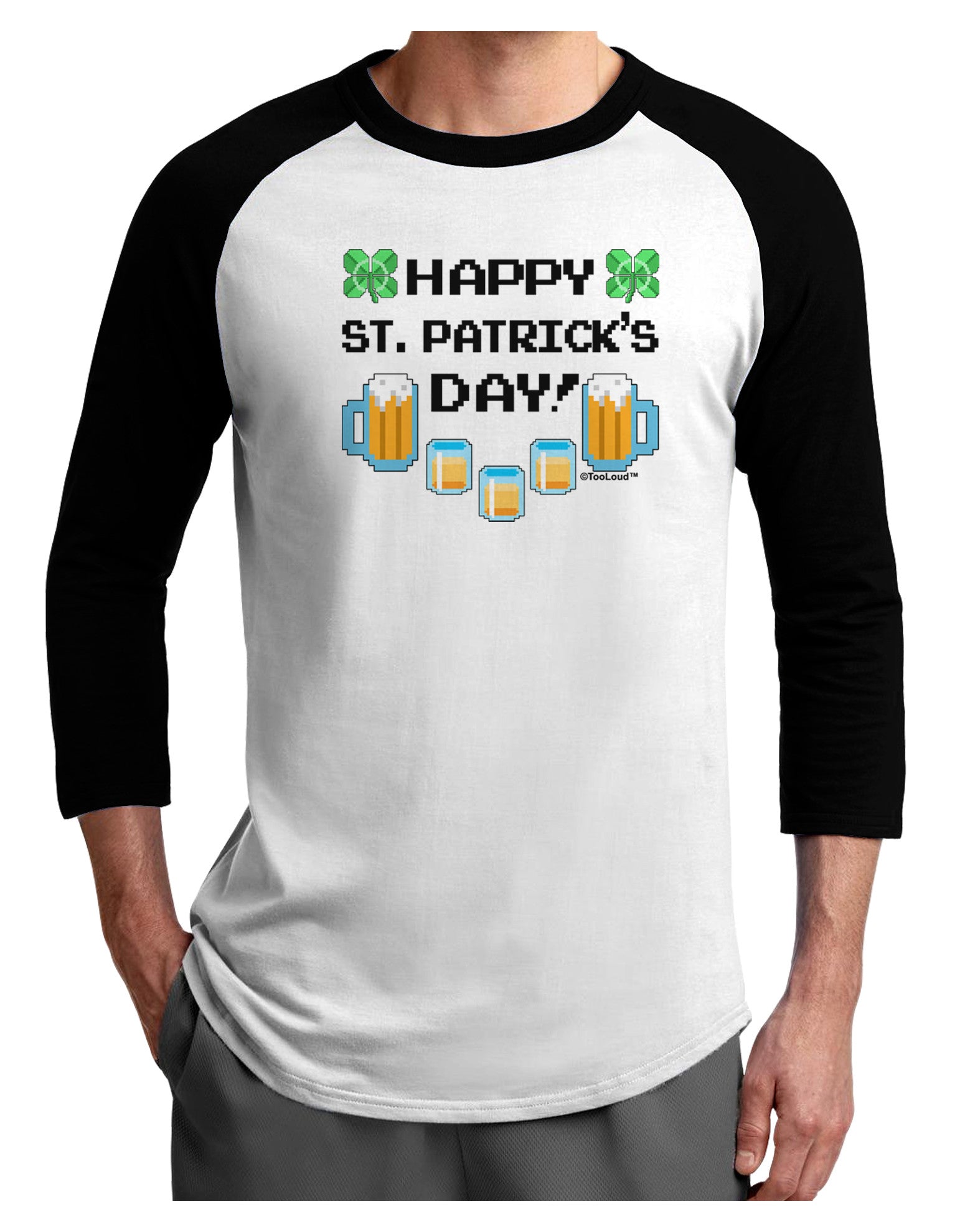 Pixel Happy St Patricks Day Adult Raglan Shirt-TooLoud-White-Black-X-Small-Davson Sales