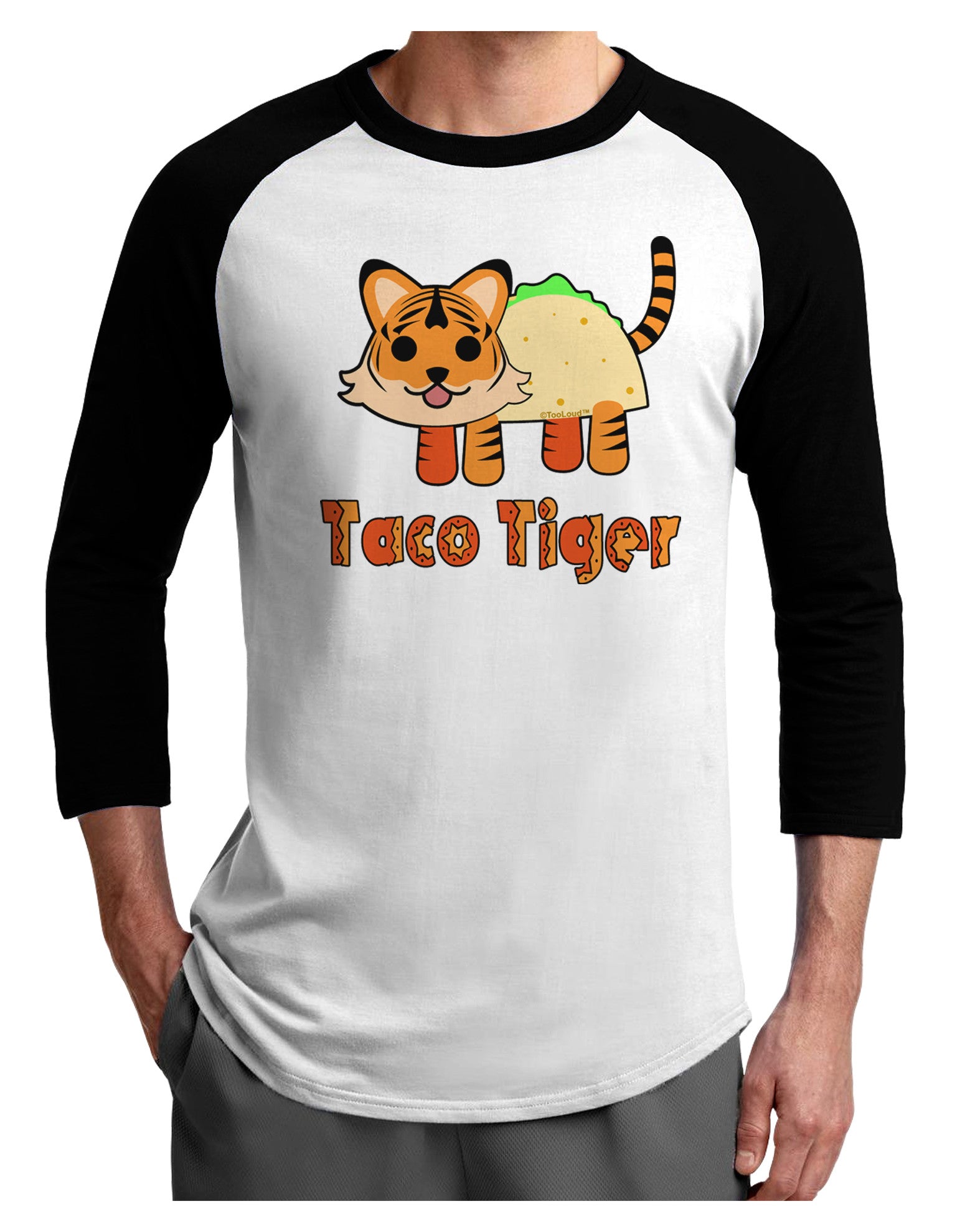 Cute Taco Tiger Text Adult Raglan Shirt-TooLoud-White-Black-X-Small-Davson Sales