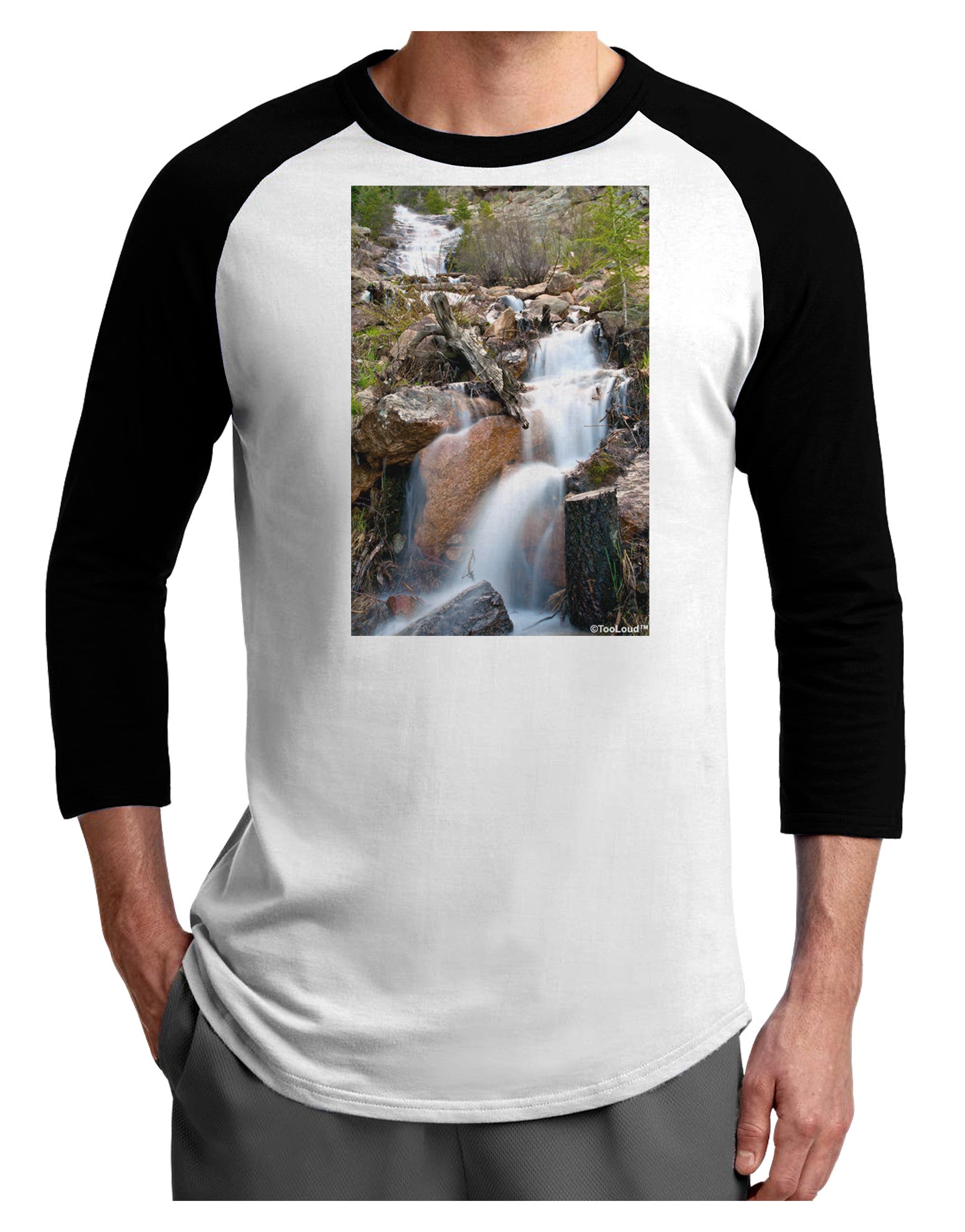 Colorado Waterfall Scene Adult Raglan Shirt-TooLoud-White-Black-X-Small-Davson Sales