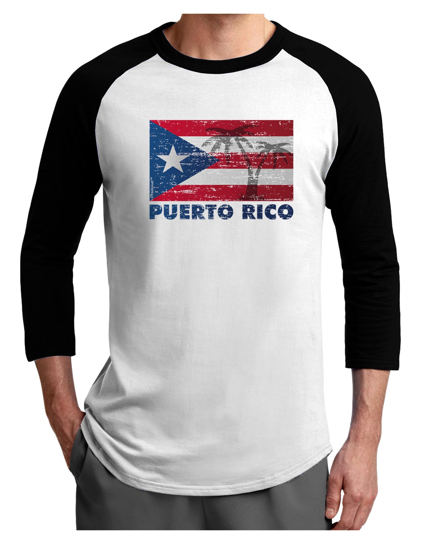 Distressed Puerto Rico Flag Adult Raglan Shirt-TooLoud-White-Black-X-Small-Davson Sales