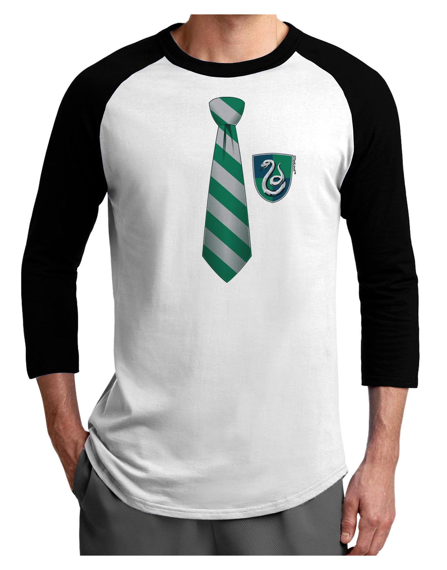 TooLoud Wizard Tie Green and Silver Adult Raglan Shirt-TooLoud-White-Black-X-Small-Davson Sales