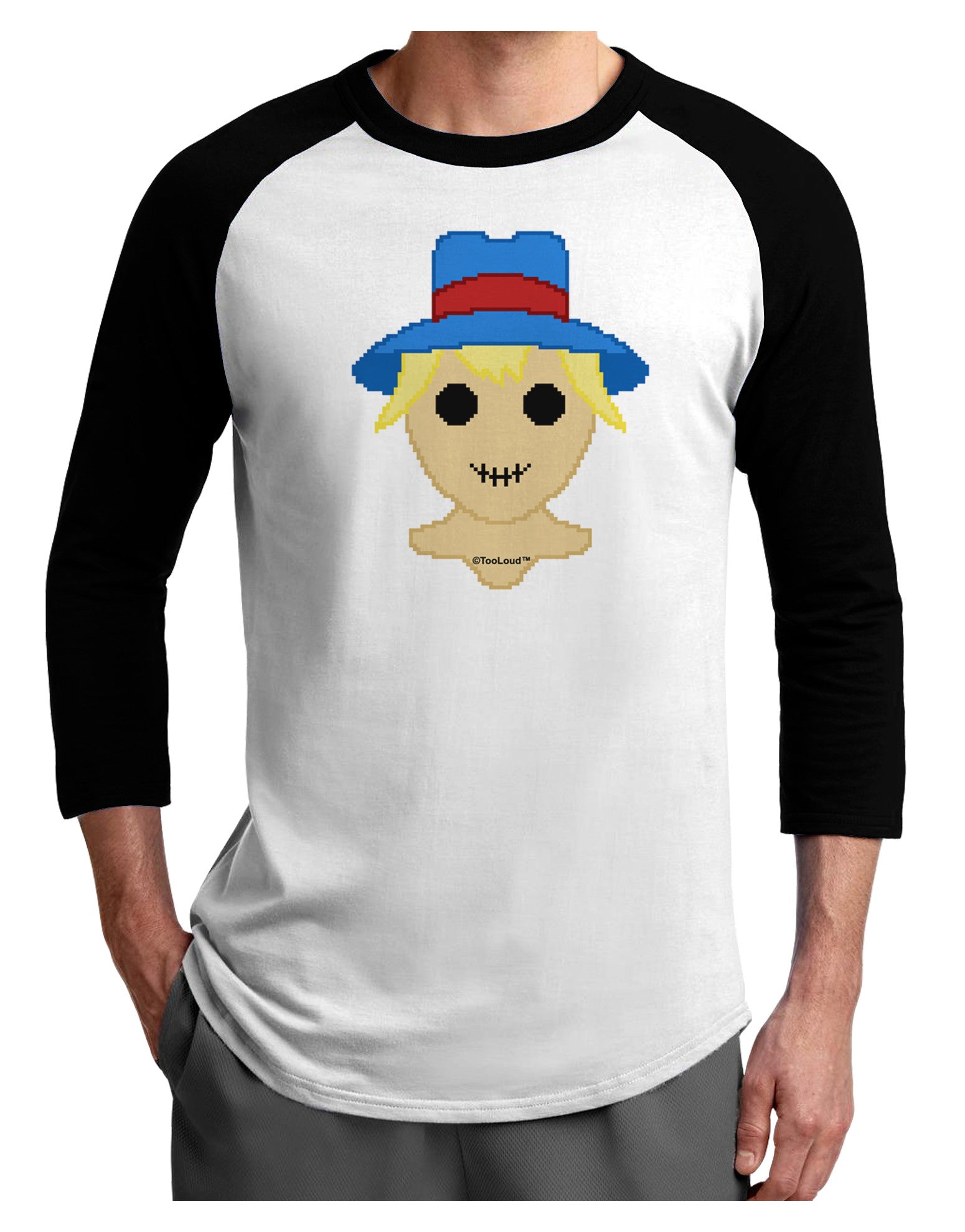 Cute Pixel Scarecrow Adult Raglan Shirt-TooLoud-White-Black-X-Small-Davson Sales