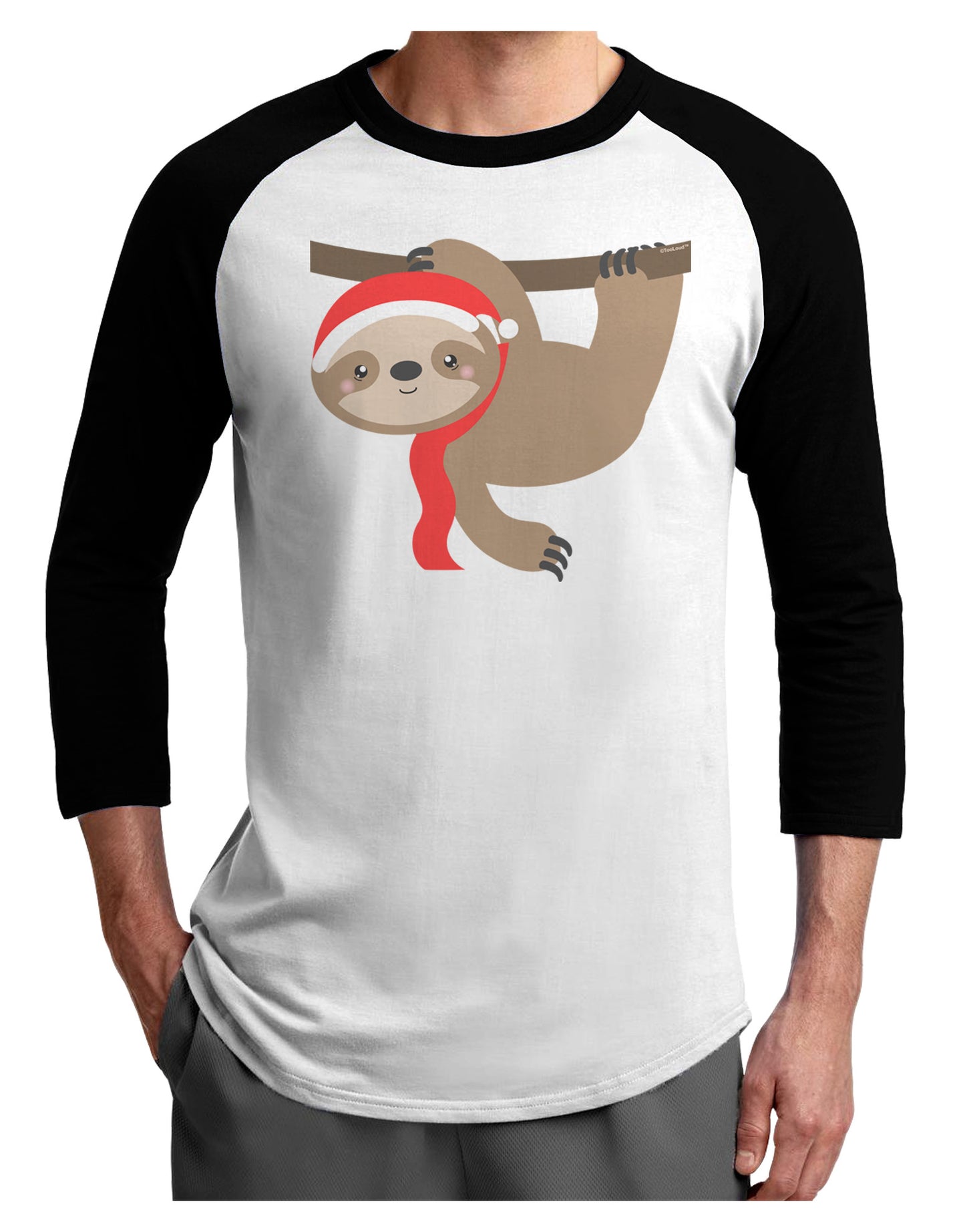 Cute Christmas Sloth with Santa Hat Adult Raglan Shirt-TooLoud-White-Black-X-Small-Davson Sales