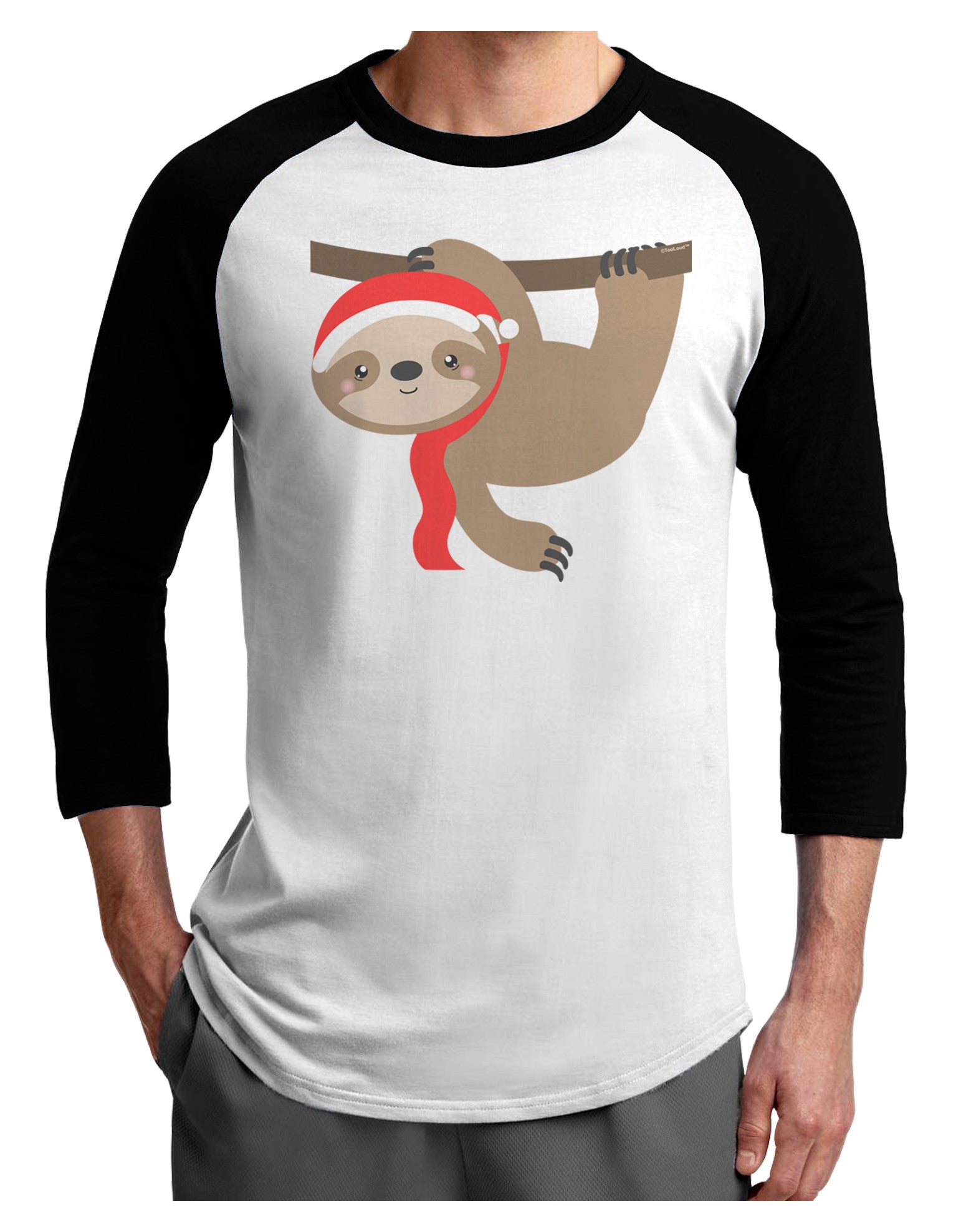 Cute Christmas Sloth with Santa Hat Adult Raglan Shirt-TooLoud-White-Black-X-Small-Davson Sales