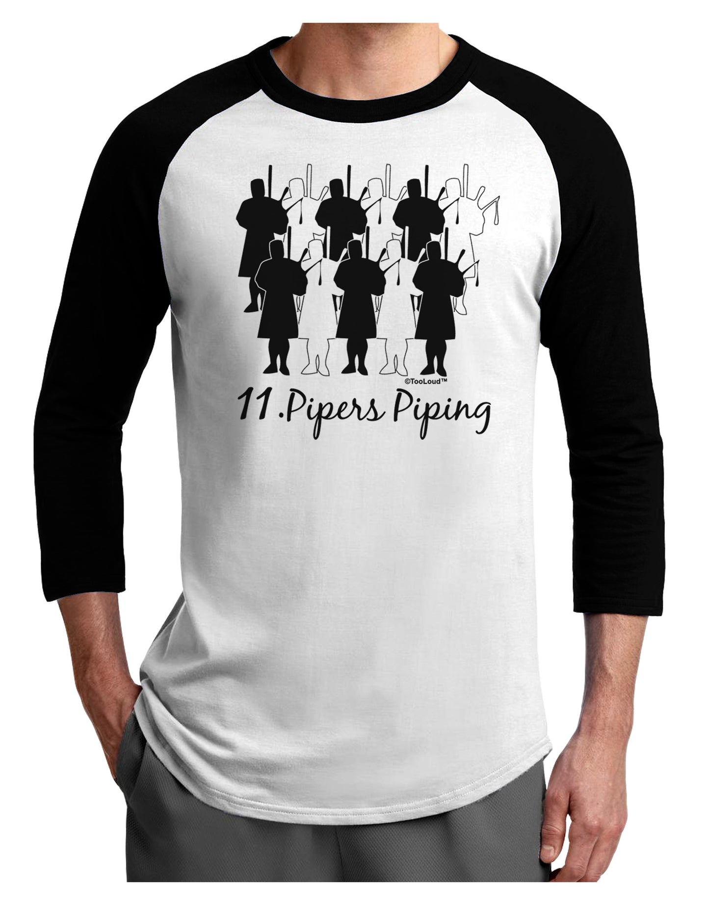 Eleven Pipers Piping Text Adult Raglan Shirt-TooLoud-White-Black-X-Small-Davson Sales