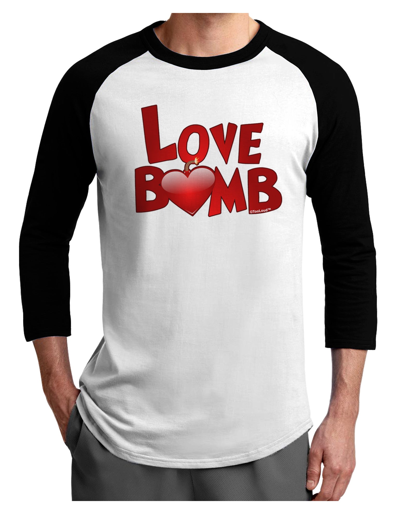 Love Bomb Text Adult Raglan Shirt-TooLoud-White-Black-X-Small-Davson Sales