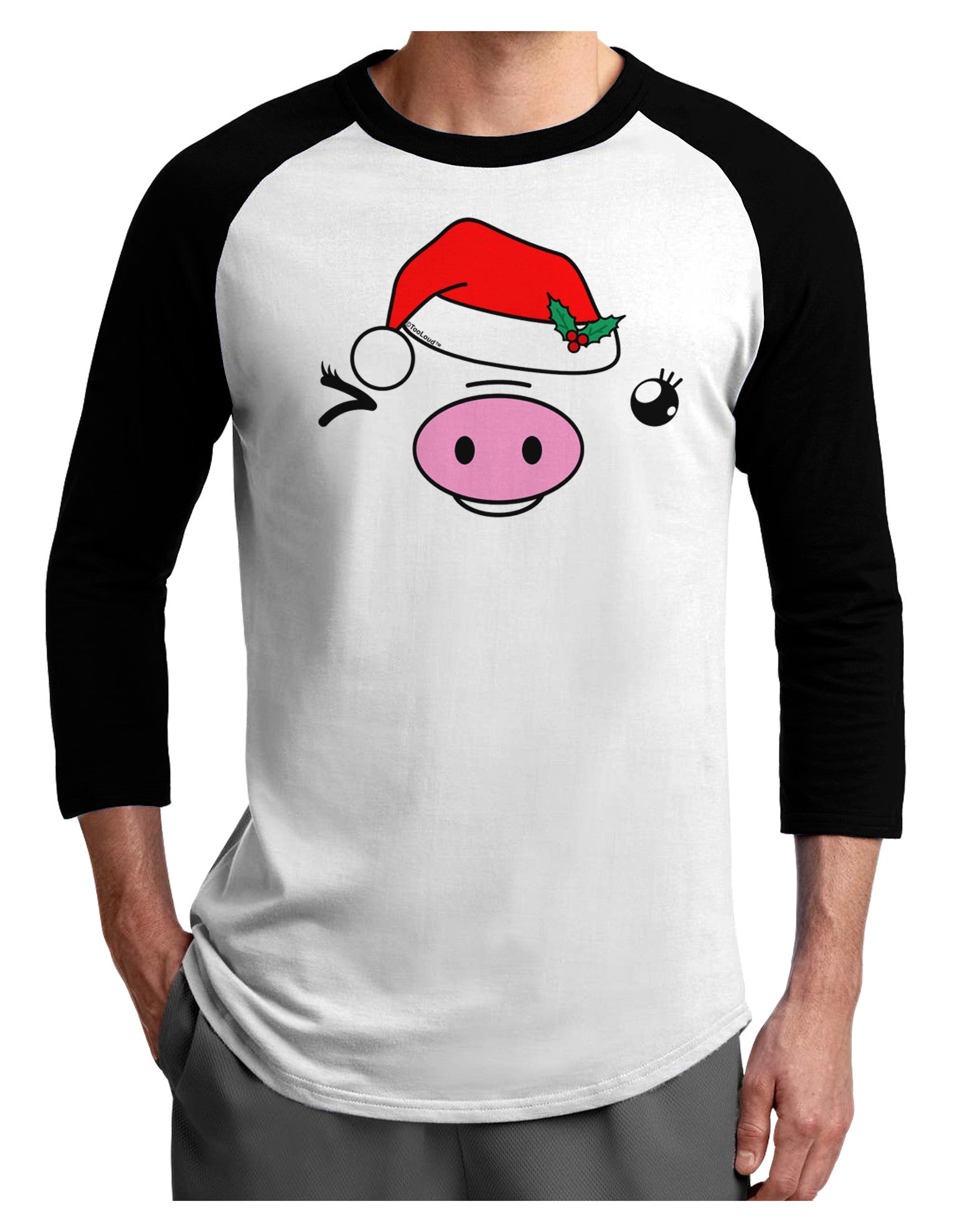 Kyu-T Face Oinkette Santa Hat Girl Pig Adult Raglan Shirt-TooLoud-White-Black-X-Small-Davson Sales