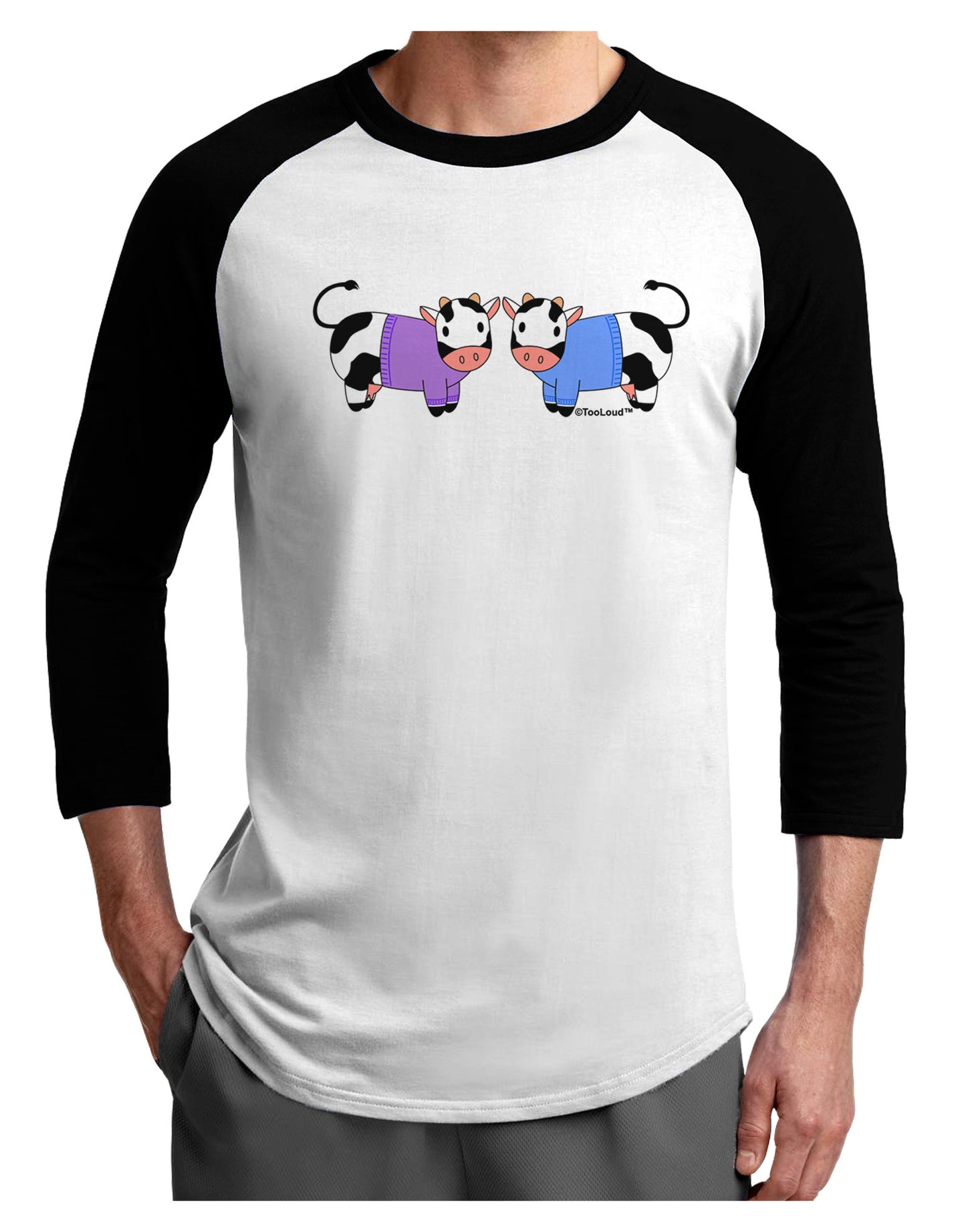 Cute Pair of Sweater Cows Adult Raglan Shirt-TooLoud-White-Black-X-Small-Davson Sales