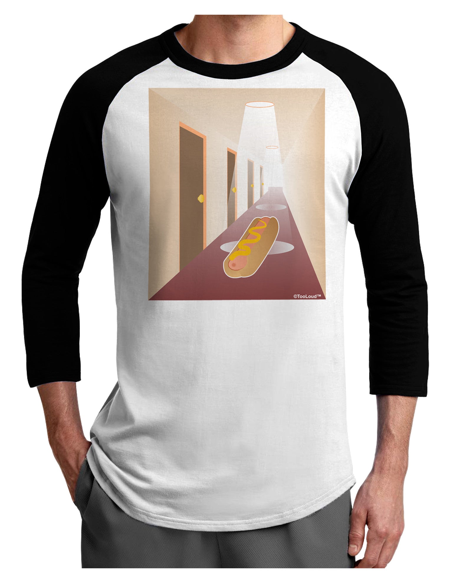 Hotdog in a Hallway Adult Raglan Shirt-TooLoud-White-Black-X-Small-Davson Sales